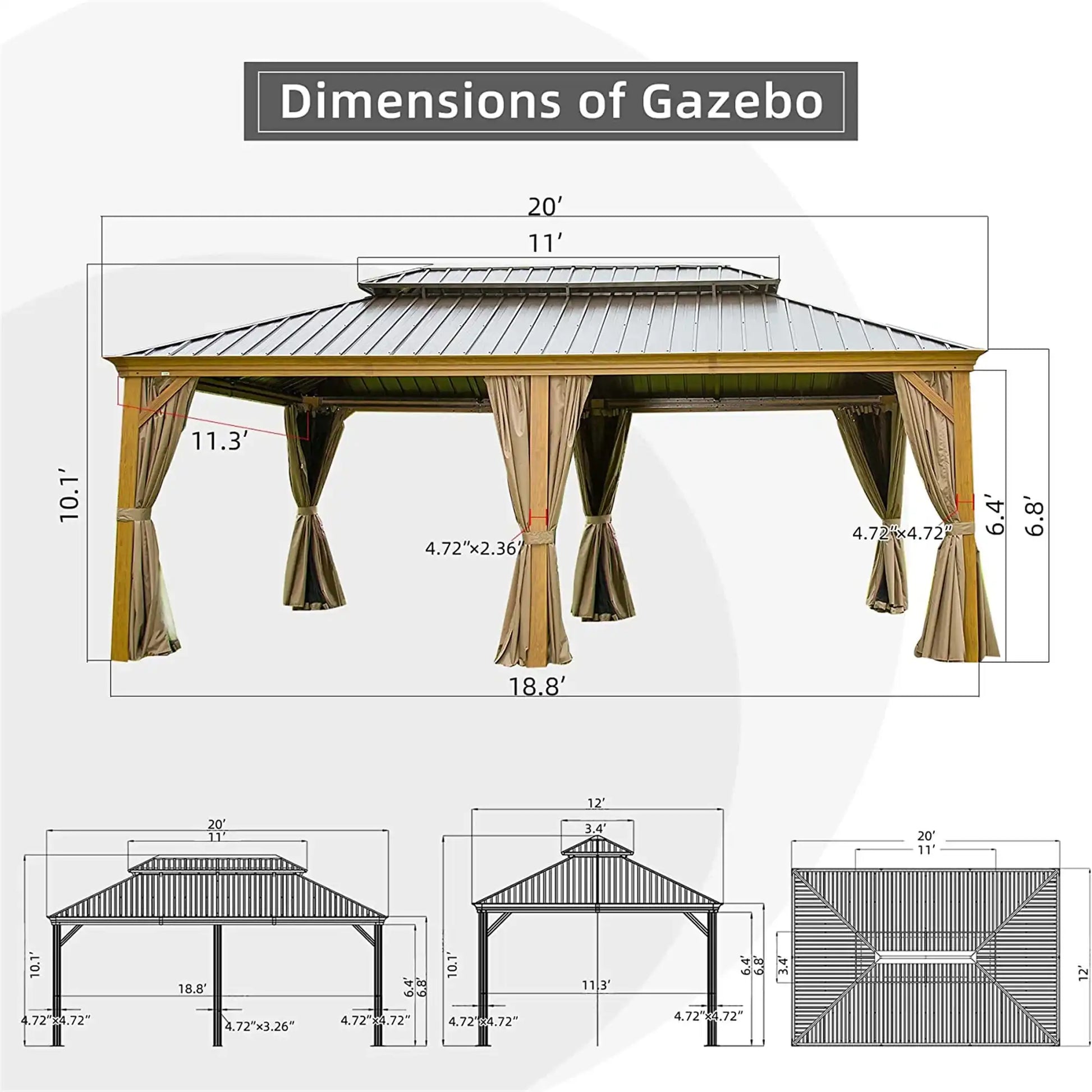 12'x20' Aluminum Hardtop Gazebo, Outdoor Patio with Double Canopy - Best Buy Furniture