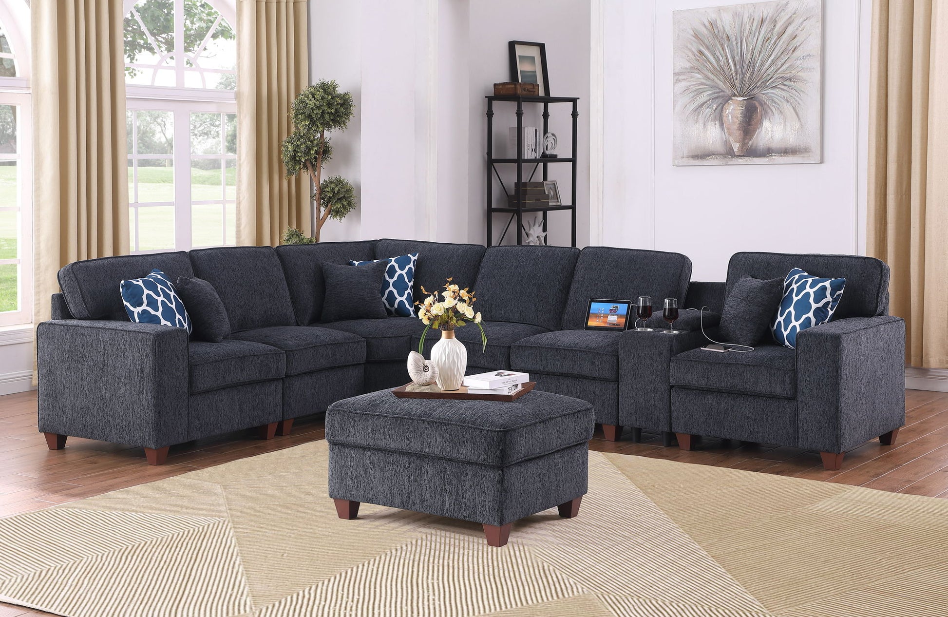 Gina - Sectional Sofa With Ottoman - Black - Best Buy Furniture