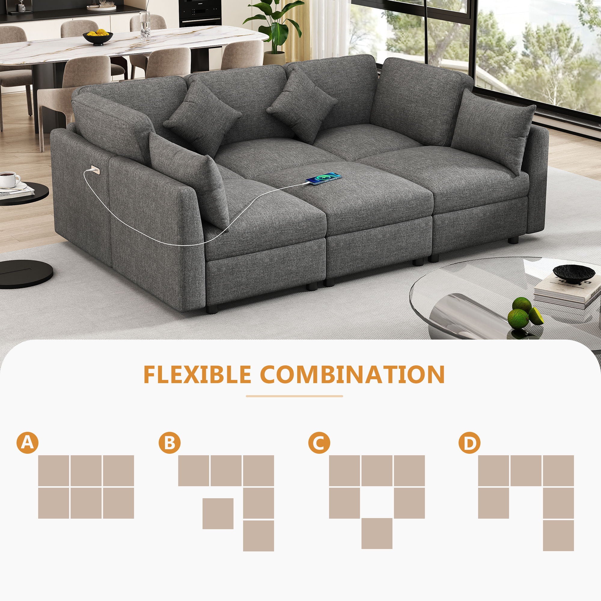 Sectional Sofa Modular Sofa U - Shaped Sofa Couch Sofa Bed L - Shaped Sofa With A Movable Ottoman And Two USB Ports For Living Room - Best Buy Furniture