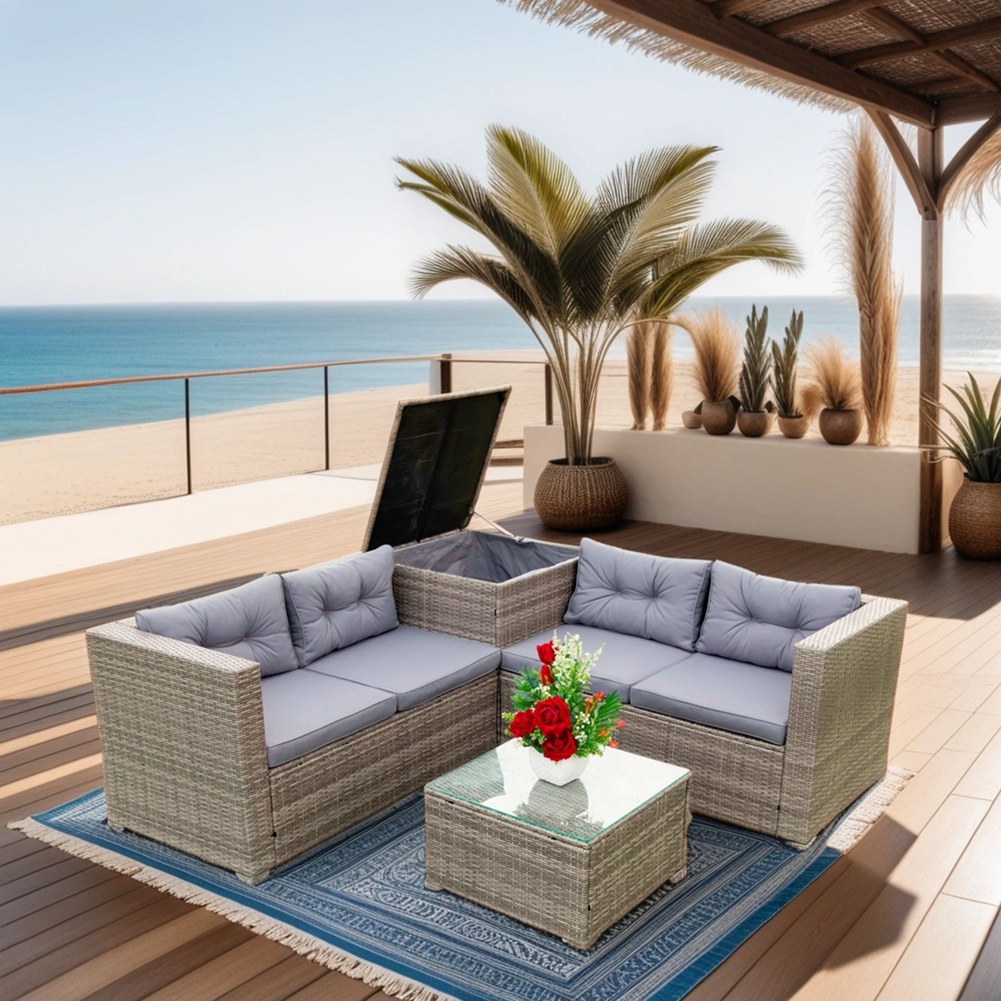 4 Piece Patio Sectional Wicker Rattan Outdoor Furniture Sofa Set With Storage Box - Best Buy Furniture