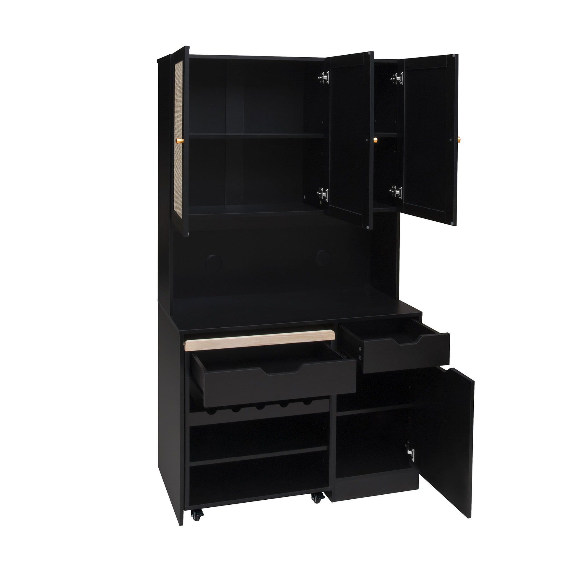 Kitchen Pantry Storage Cabinet, Modern Buffet Cabinet With Kitchen Cart, Tall Kitchen Hutch Cabinet With Microwave Stand, Food Pantry Cabinet With 3 Rattan Doors And Adjustable Shelves - Black - Best Buy Furniture