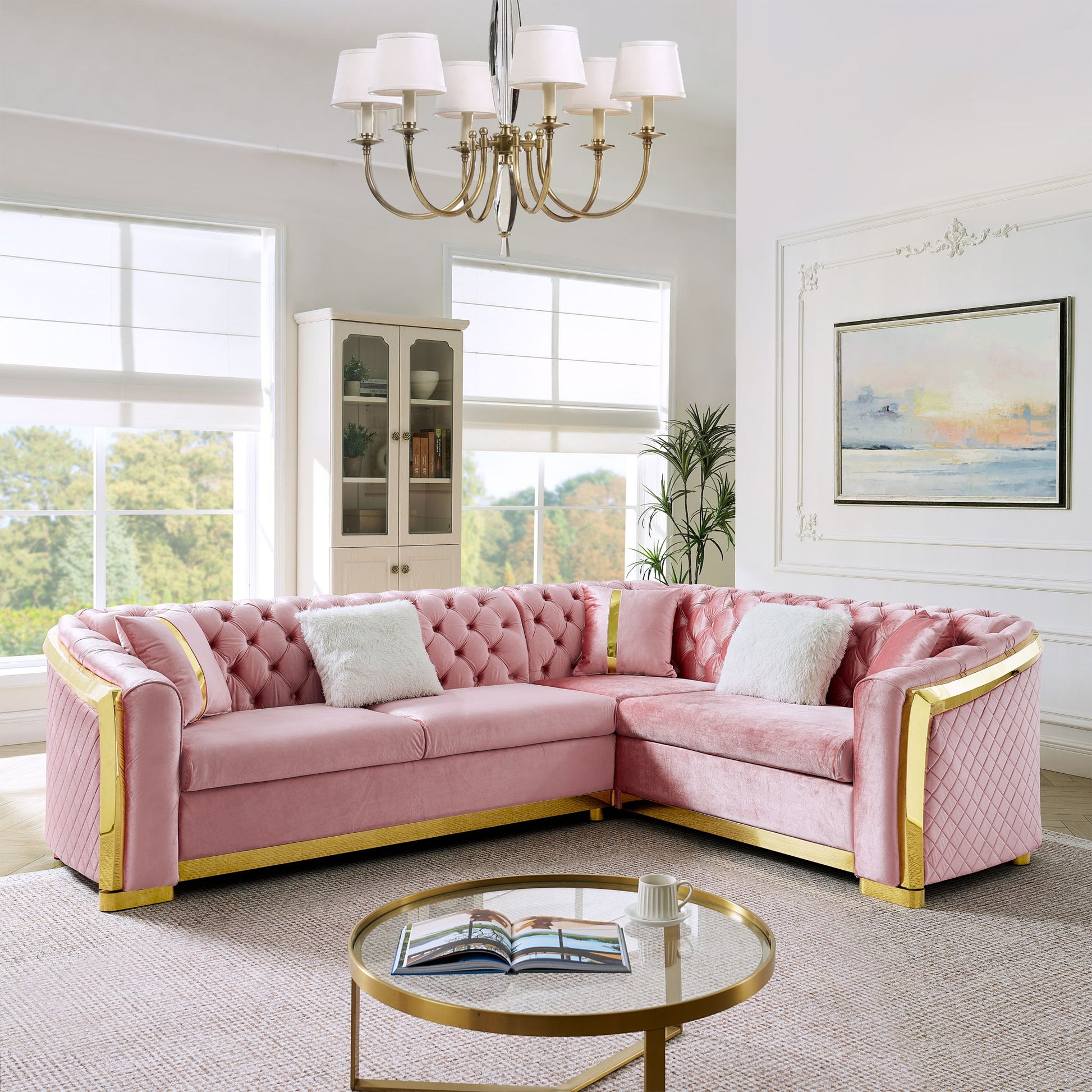 L Shaped Chesterfield Sectional Sofa With Stainless Steel Accents - Best Buy Furniture