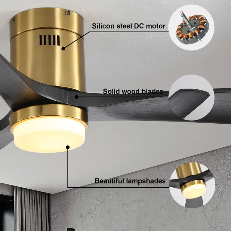 Flush Mount Ceiling Fan With 3 Solid Wood Blades Remote Control Reversible DC Motor For Living Room - Gold - Best Buy Furniture