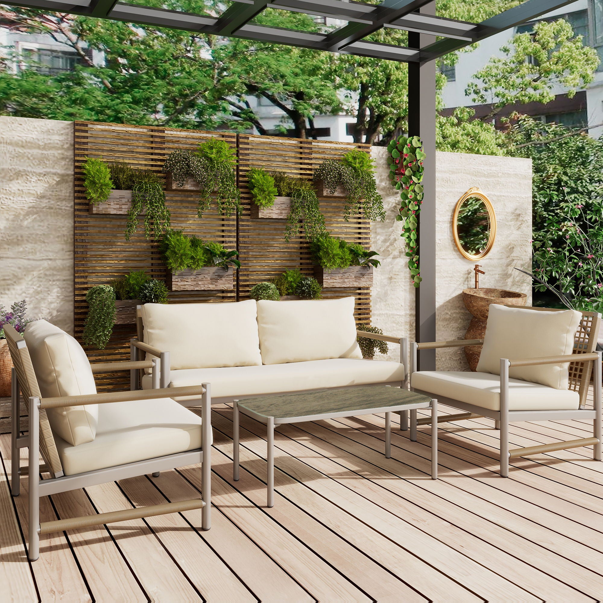 4 Pieces Patio Furniture Set, PE Rattan Wicker With Washable Cushion And Tempered Glass Tabletop, Conversation Furniture For Garden Poolside Balcony - Best Buy Furniture
