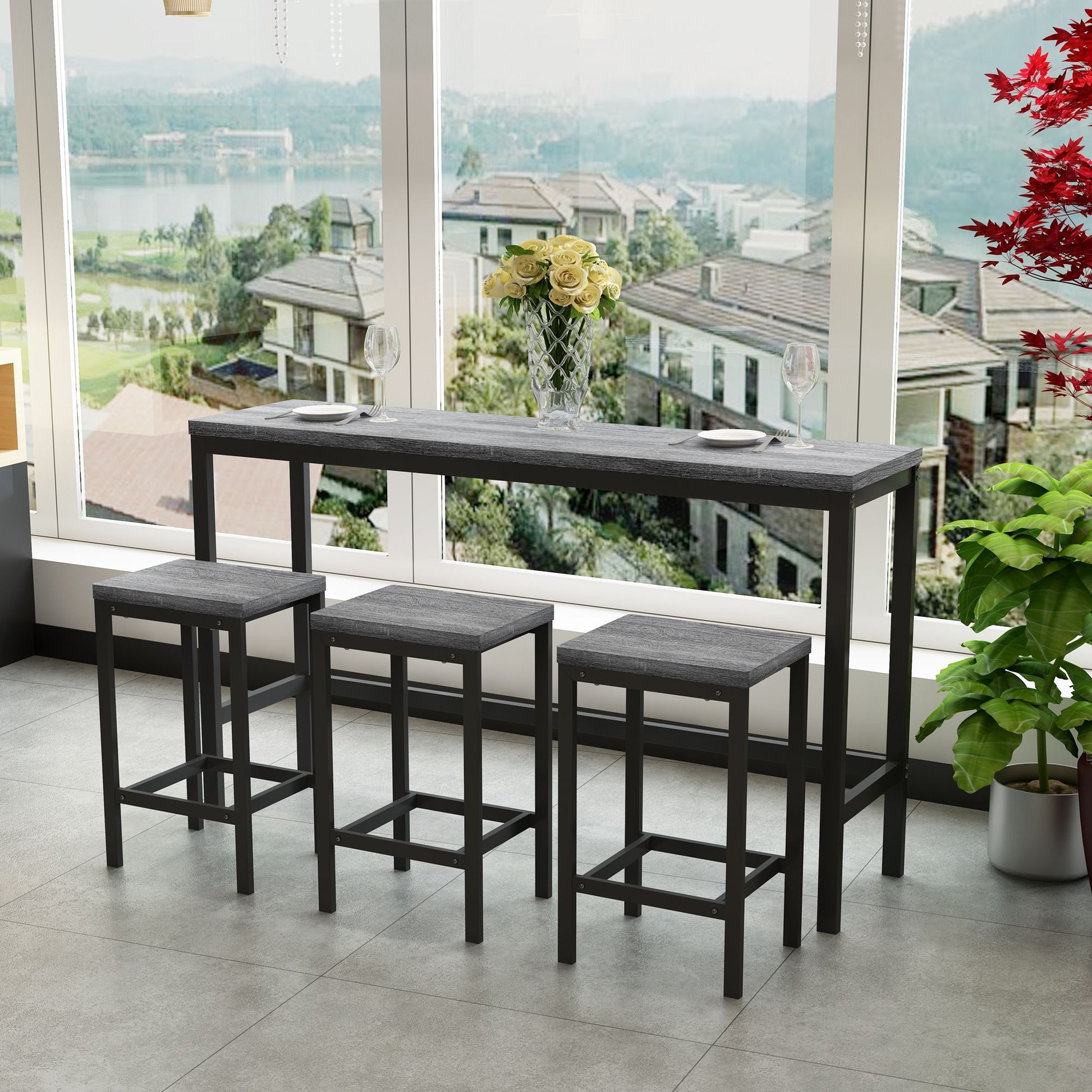 Modern Design Long Dining Table Set With 3 Stools - Best Buy Furniture