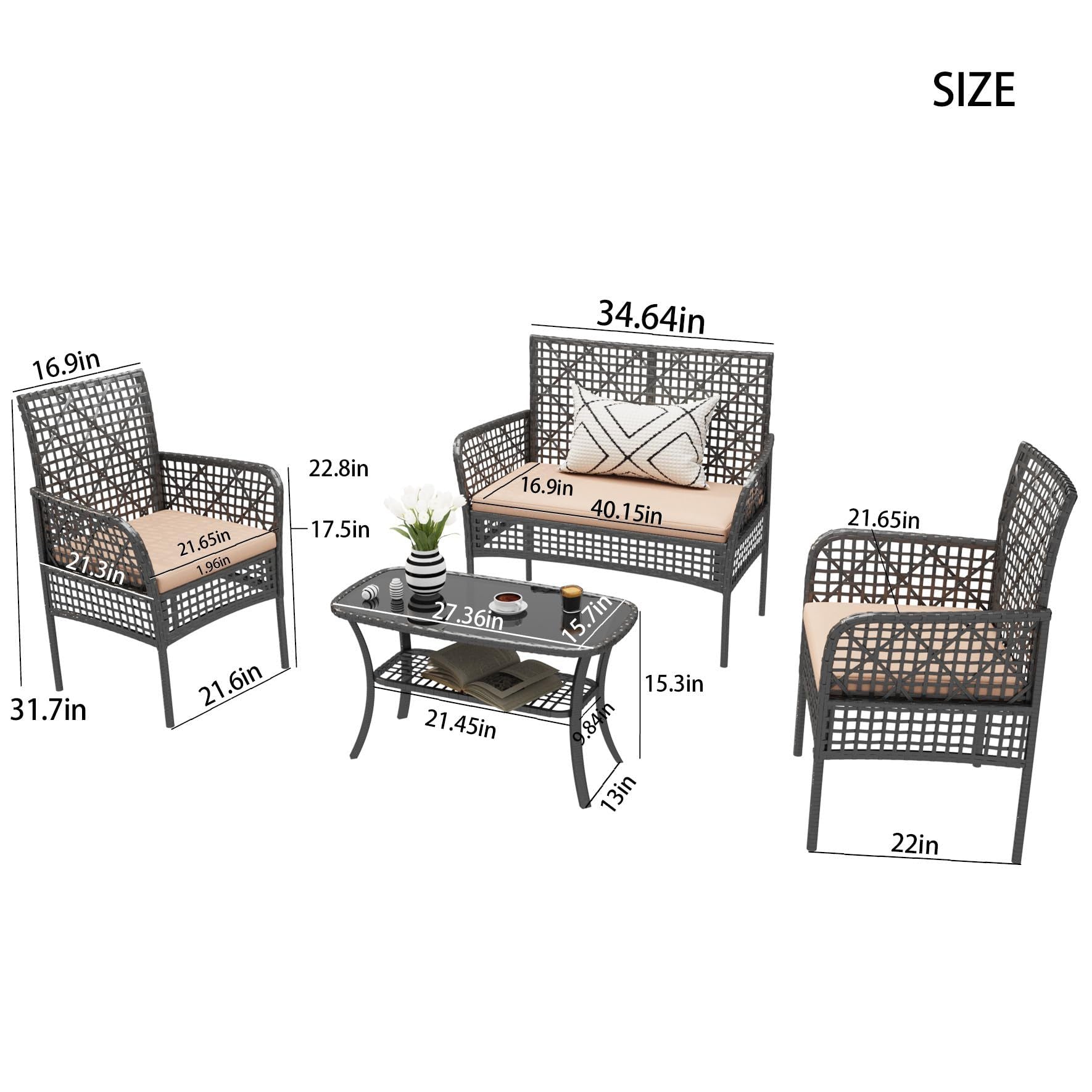 4 Pieces Rattan Wicker Chairs With Tempered Glass Table And Cushions - Best Buy Furniture