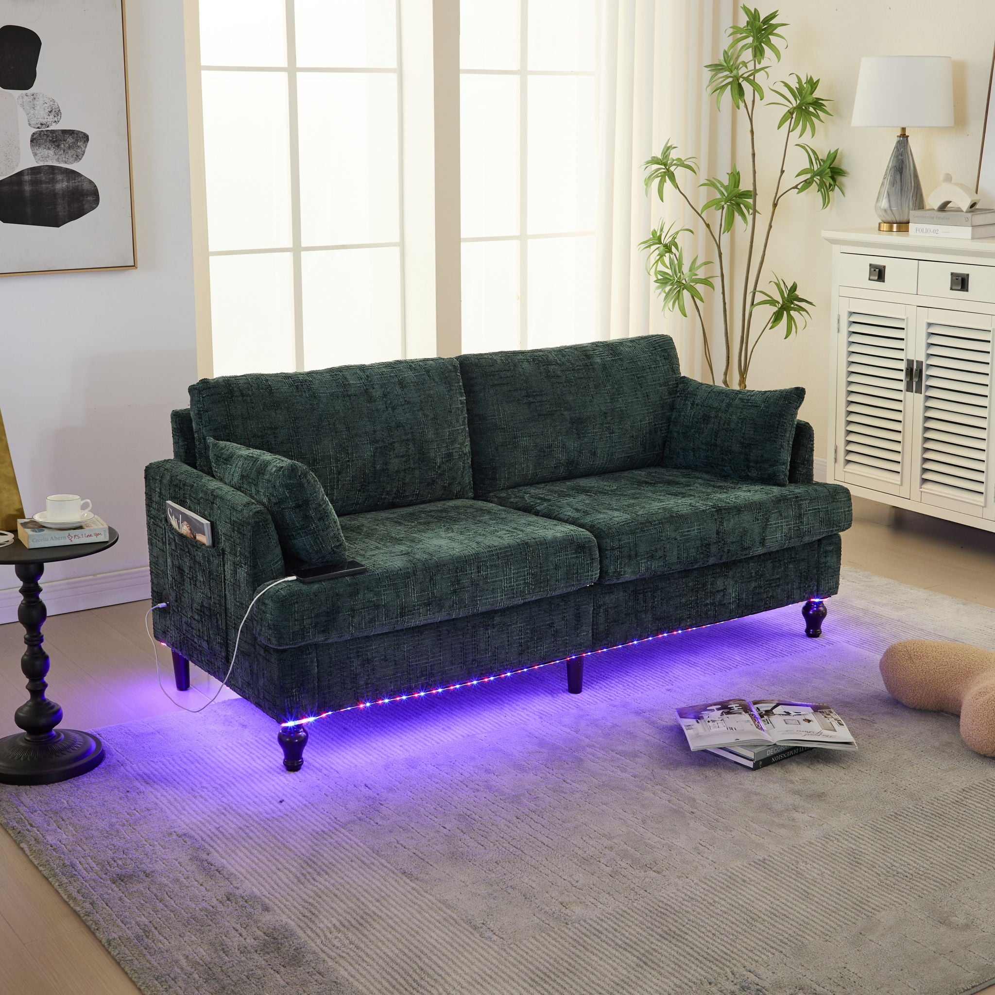 Chenille 2 Seater Sofa With LED Light, USB Charging Port, And Storage Bag - Best Buy Furniture