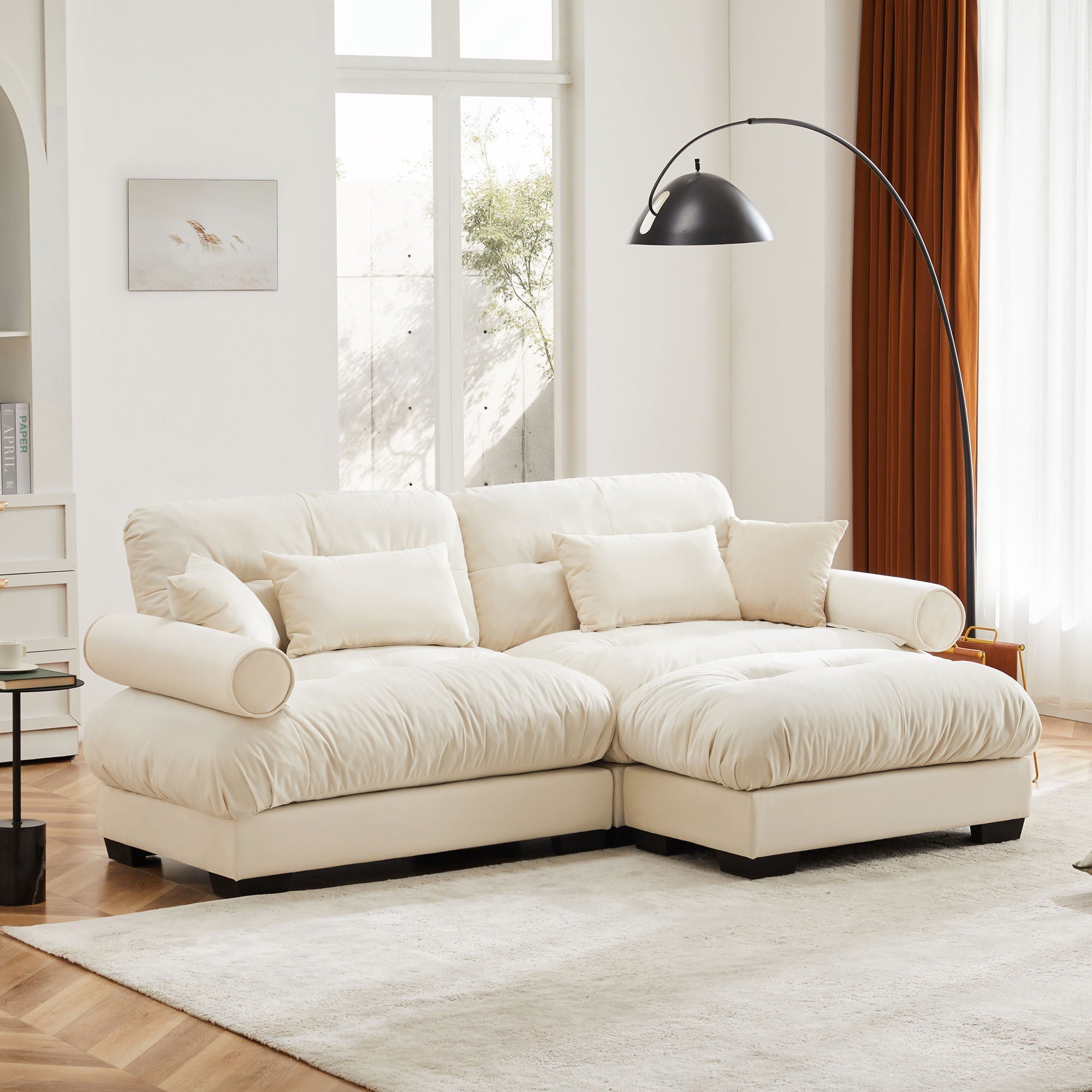 Modern Sectional Sofa With Ottoman, Round Bolster Armrests, Waist And Throw Pillows