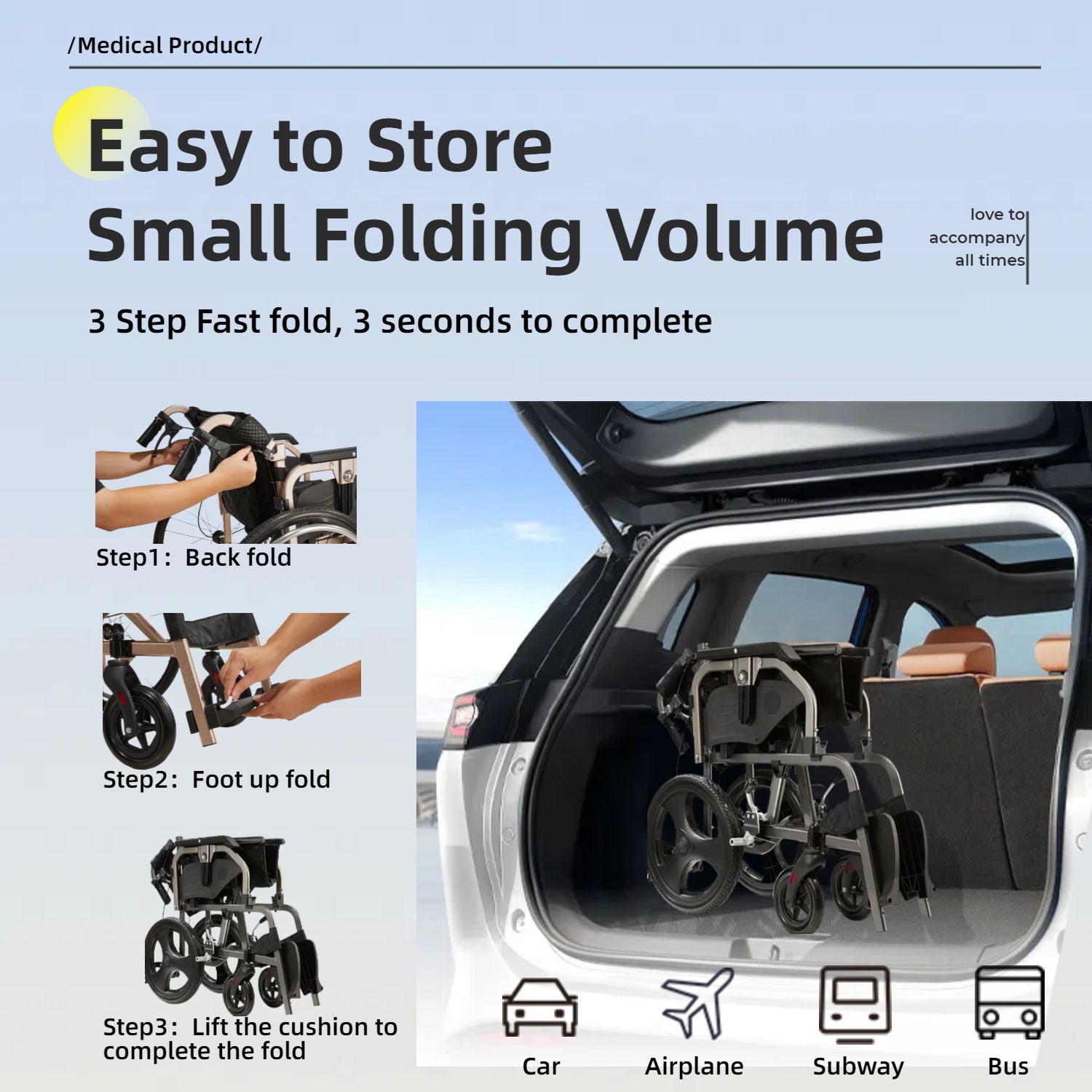 Lightweight Foldable Transport Wheelchair For Adults,Square Tube Design