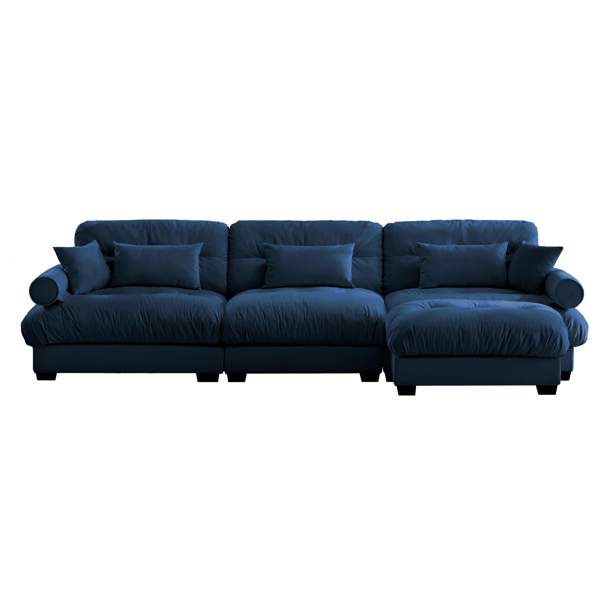 Modern Sectional Sofa With Ottoman, Round Bolster Armrests, Waist And Throw Pillows