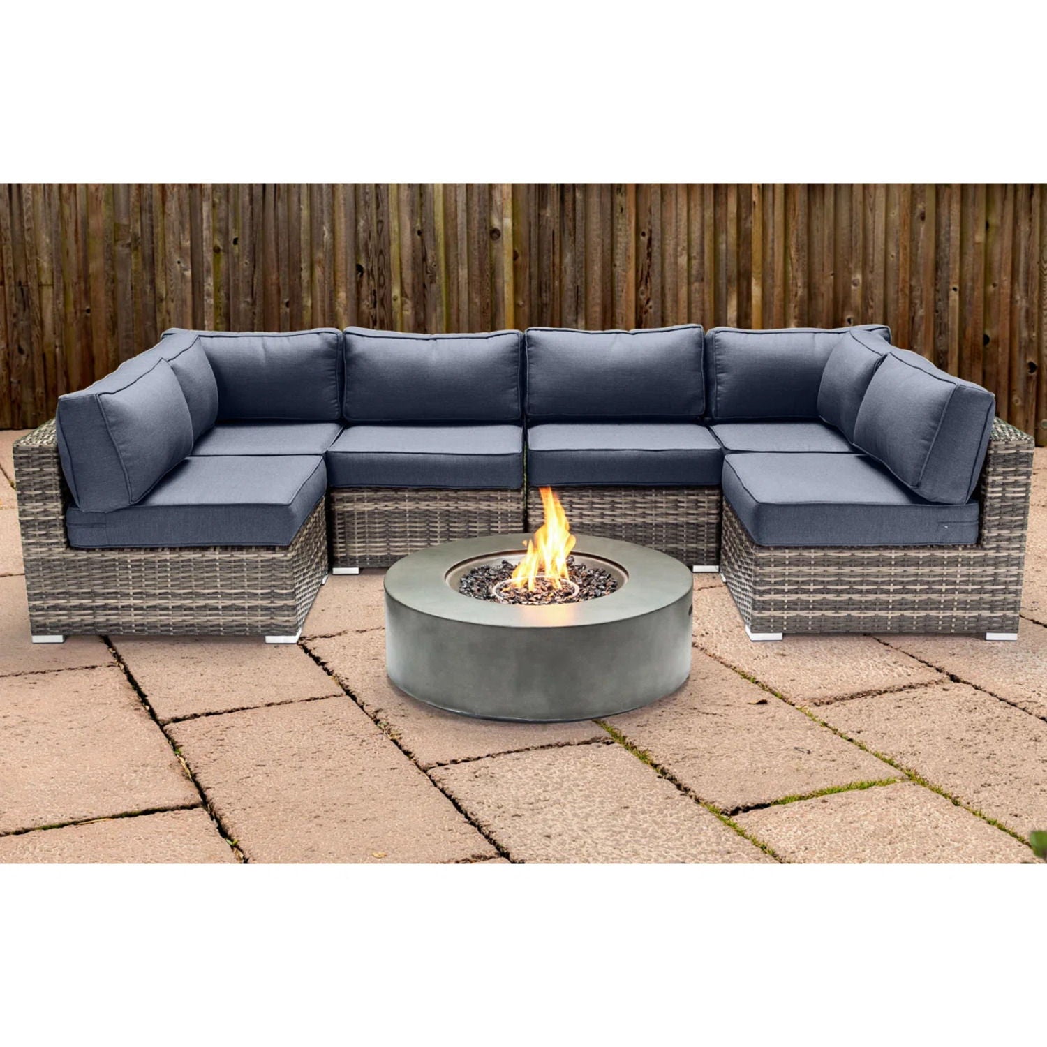 Outdoor 7 Piece Sectional Seating Group With Cushions And Fire Pit - Gray / Navy - Best Buy Furniture
