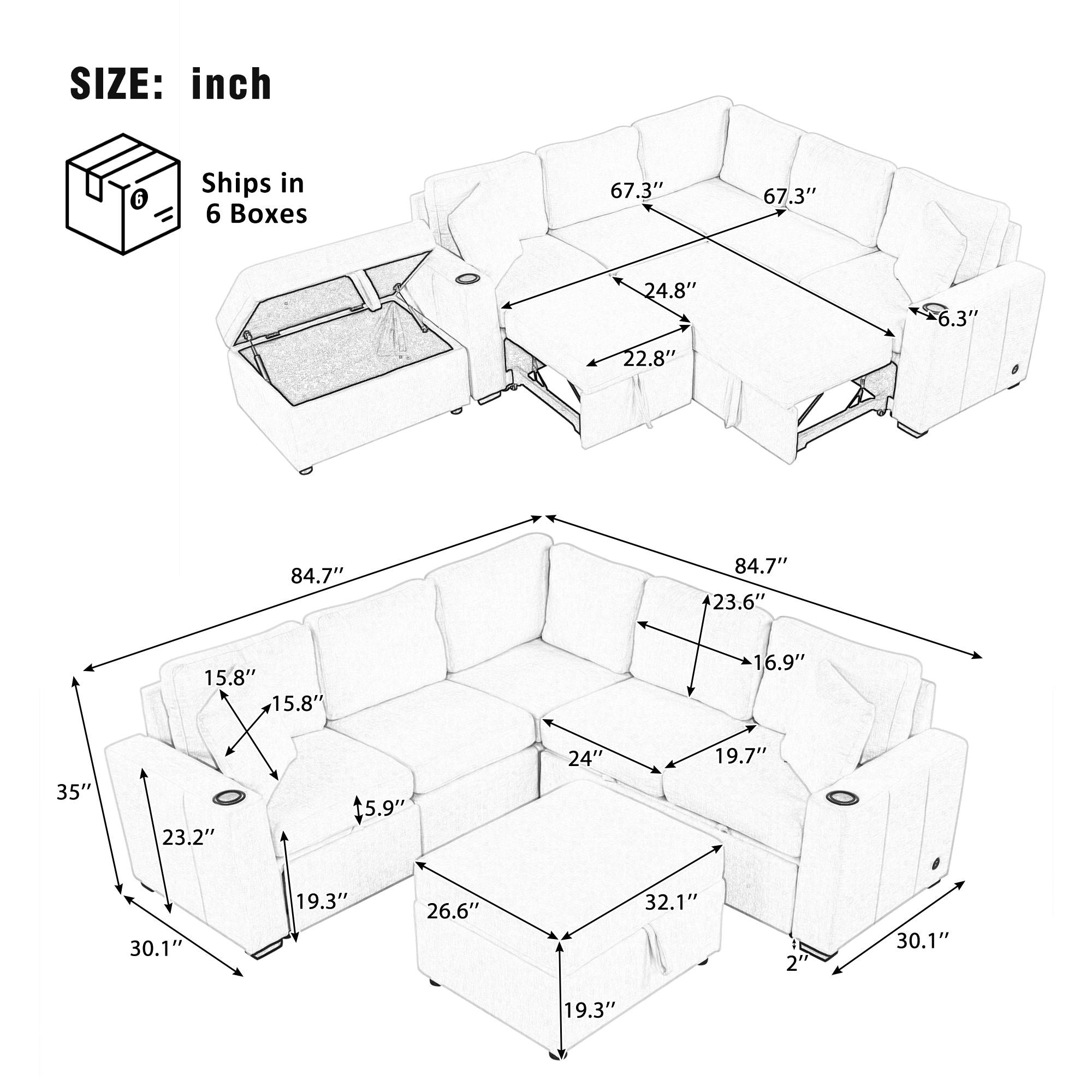 Sectional Sofa Convertible Pull-Out Sofa Bed With A Movable Storage Ottoman For Living Room - Best Buy Furniture