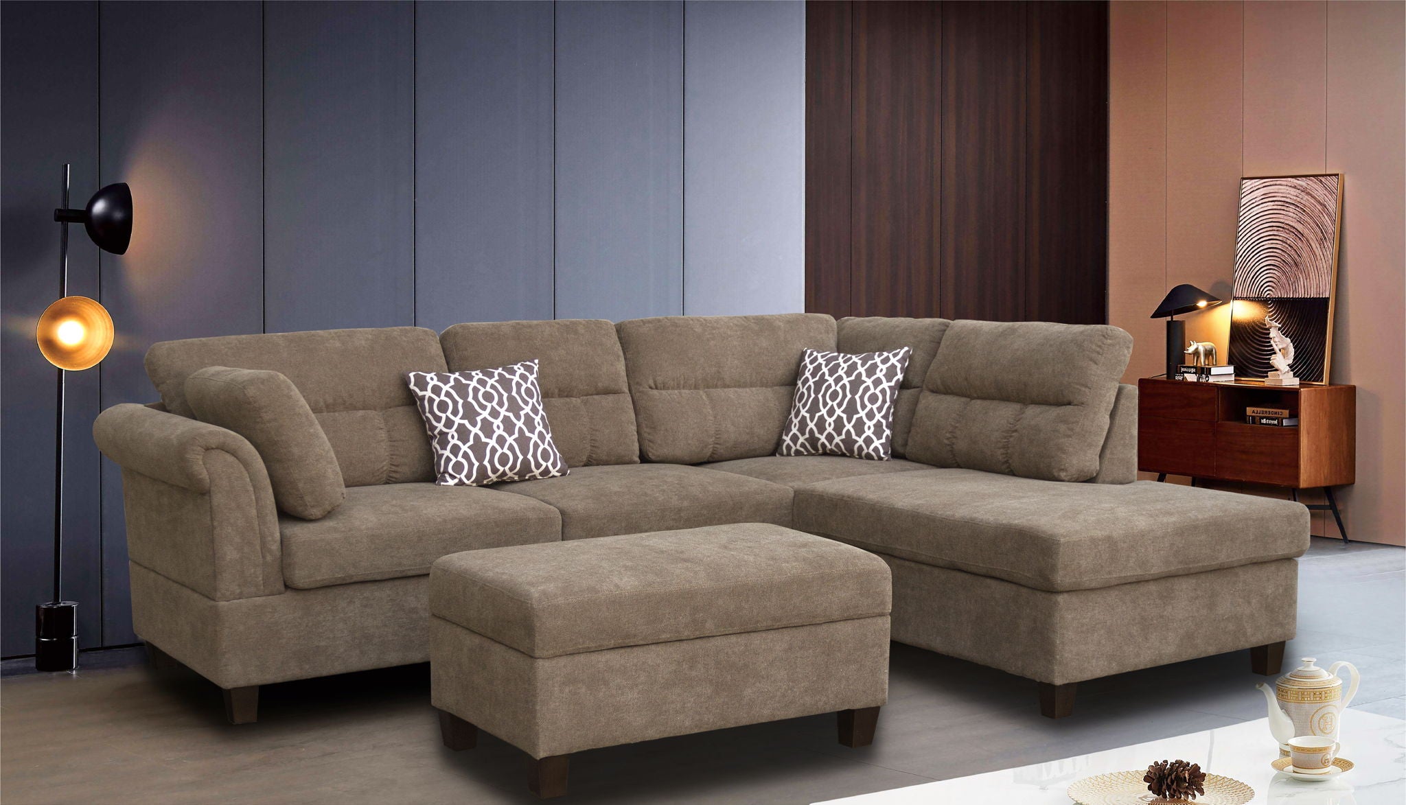 Diego - Fabric Sectional Sofa With Right Facing Chaise, Storage Ottoman, And 2 Accent Pillows - Best Buy Furniture