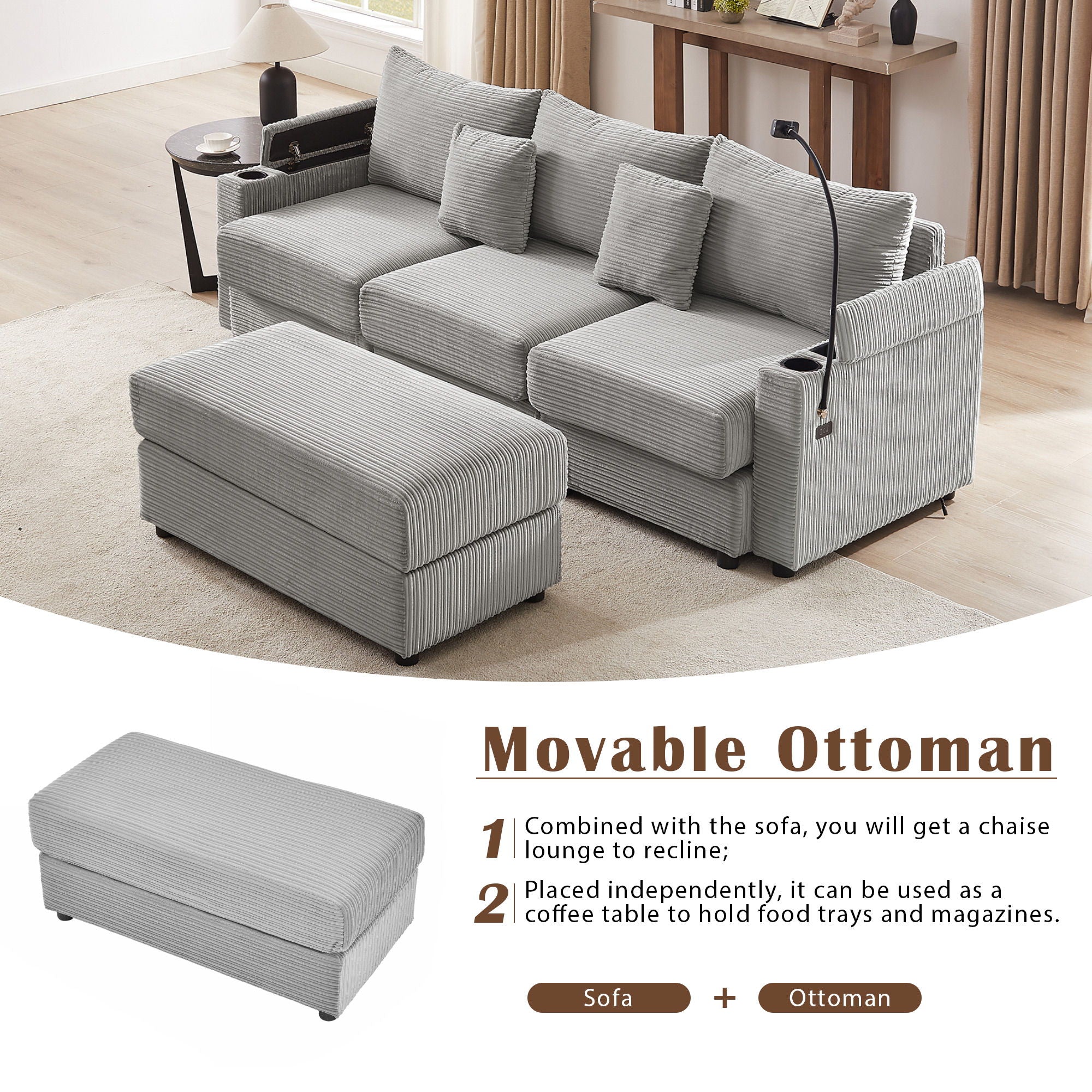 Modern Style Loveseat Sofa Sectional Sofa Couch With Storage Space, A Movable Ottoman, Two USB Ports, Two Cup Holders, A Phone Holder For Living Room - Best Buy Furniture