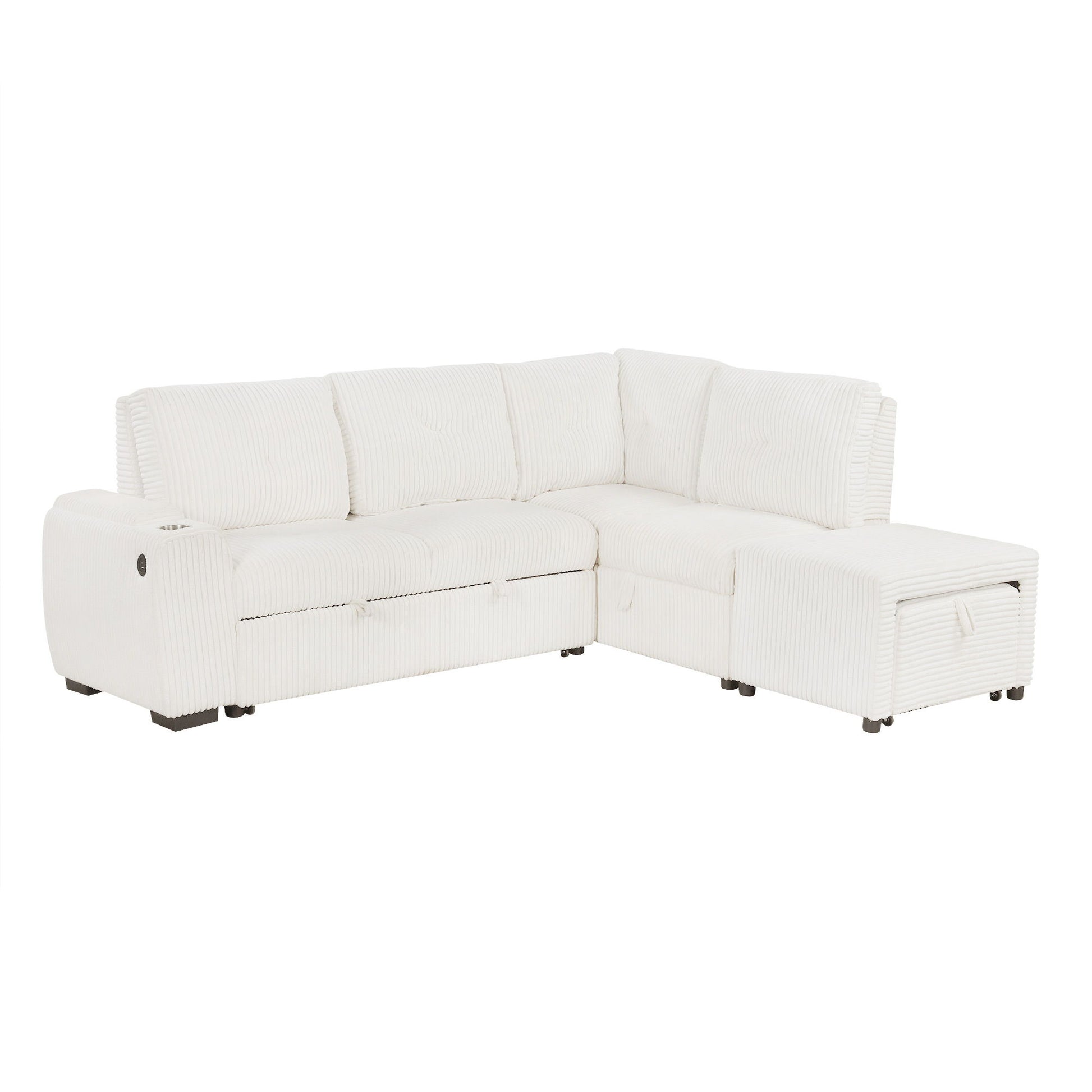 Pull-Out L-Shaped Sectional Sofa With Movable Ottoman And Stool, Large Storage Space, A Cup Holder, And 2 USB Ports For Living Room - Best Buy Furniture