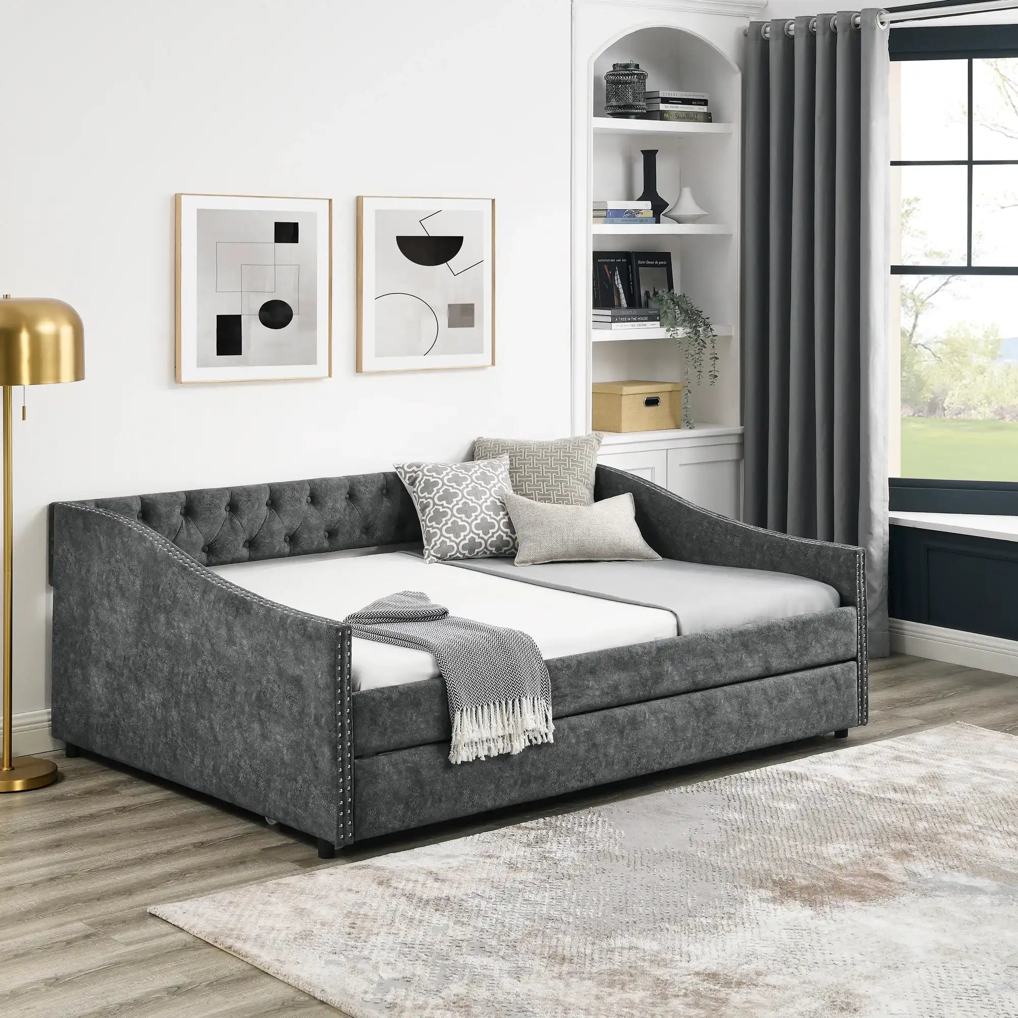 Full Size Daybed with Twin Size Trundle Upholstered Tufted Sofa Bed, with Button on Back and Copper Nail on Waved Shape Arms,Grey (80.5'x55.5'x27.5') - Best Buy Furniture