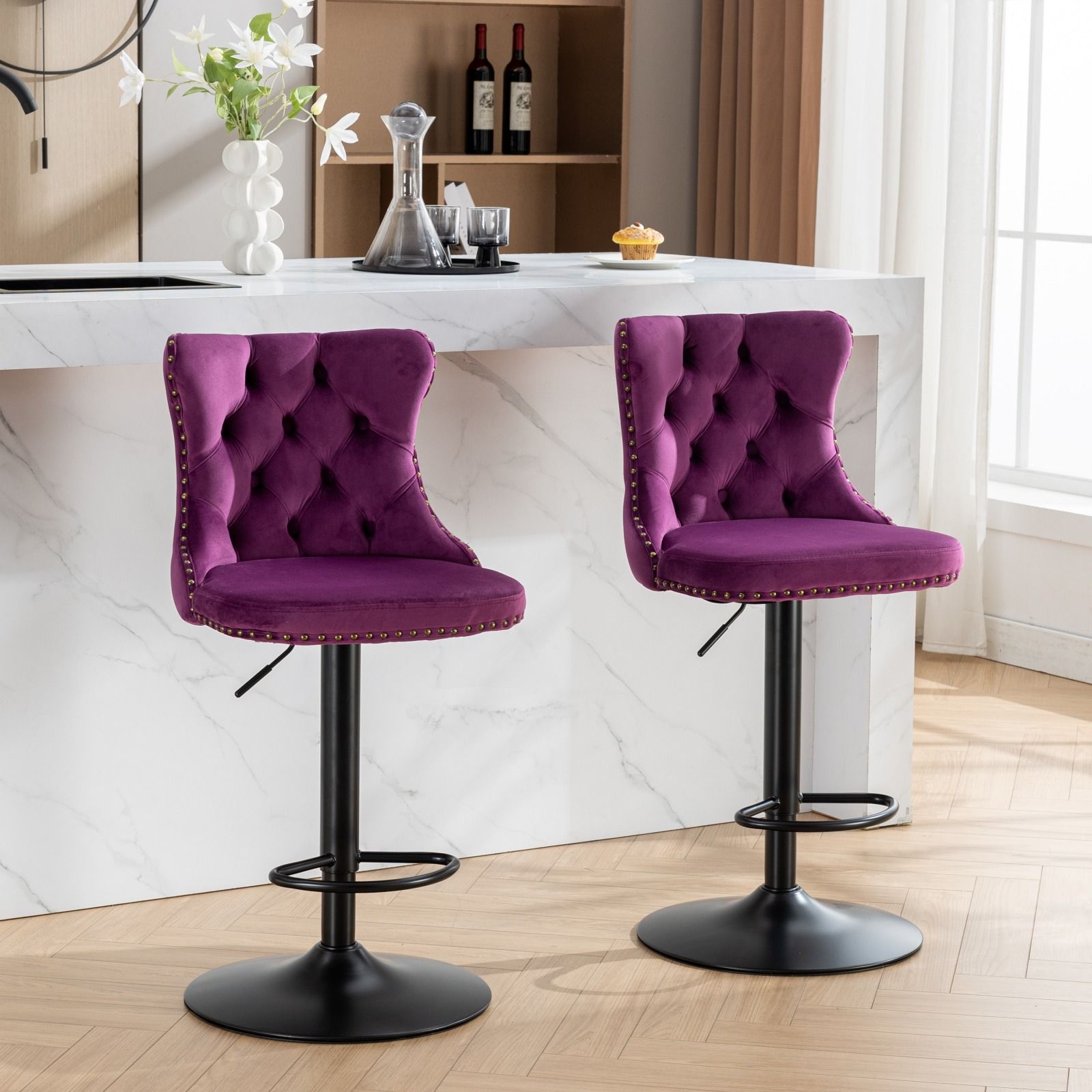 Swivel Velvet Barstools Adjusatble Seat Height, Modern Upholstered Bar Stools With Backs Comfortable Tufted For Home Pub And Kitchen Island (Set of 2) - Best Buy Furniture