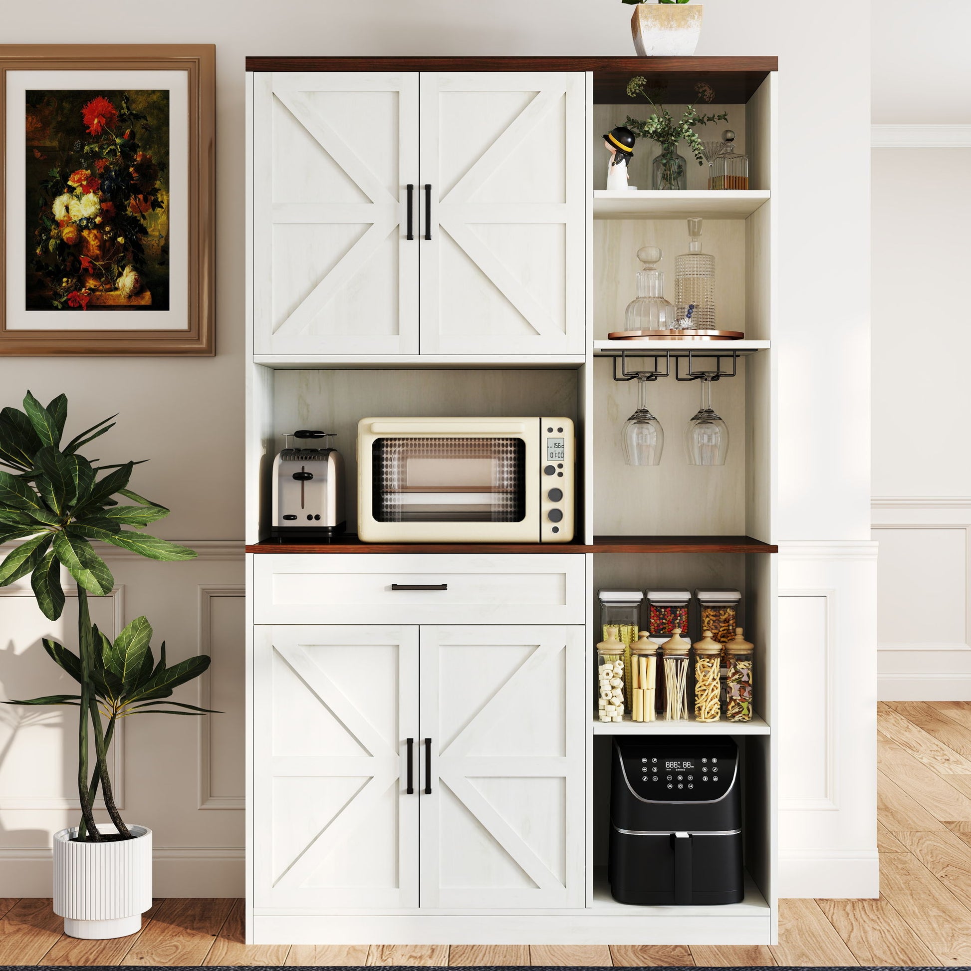Farmhouse Kitchen Pantry Sideboard With Cabinet And Drawer, Multi Functional Kitchen Buffet With Hutch And Glass Holder, Microwave Stand With Charging Station - Brown / Antique White - Best Buy Furniture