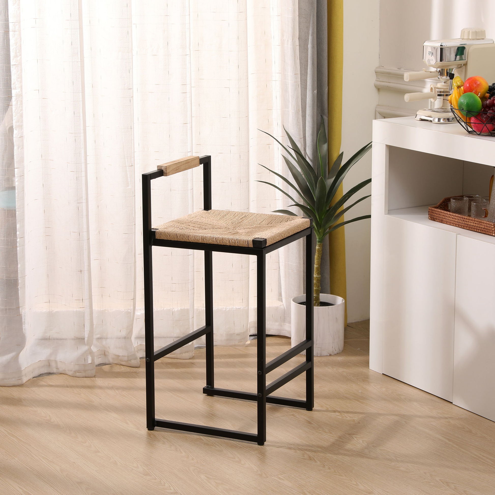 Stylish (Set of 2) Bar Stools With Backrest And Paper Rope Woven Seat, Counter Height Dining Chairs For Kitchen - Natural - Best Buy Furniture
