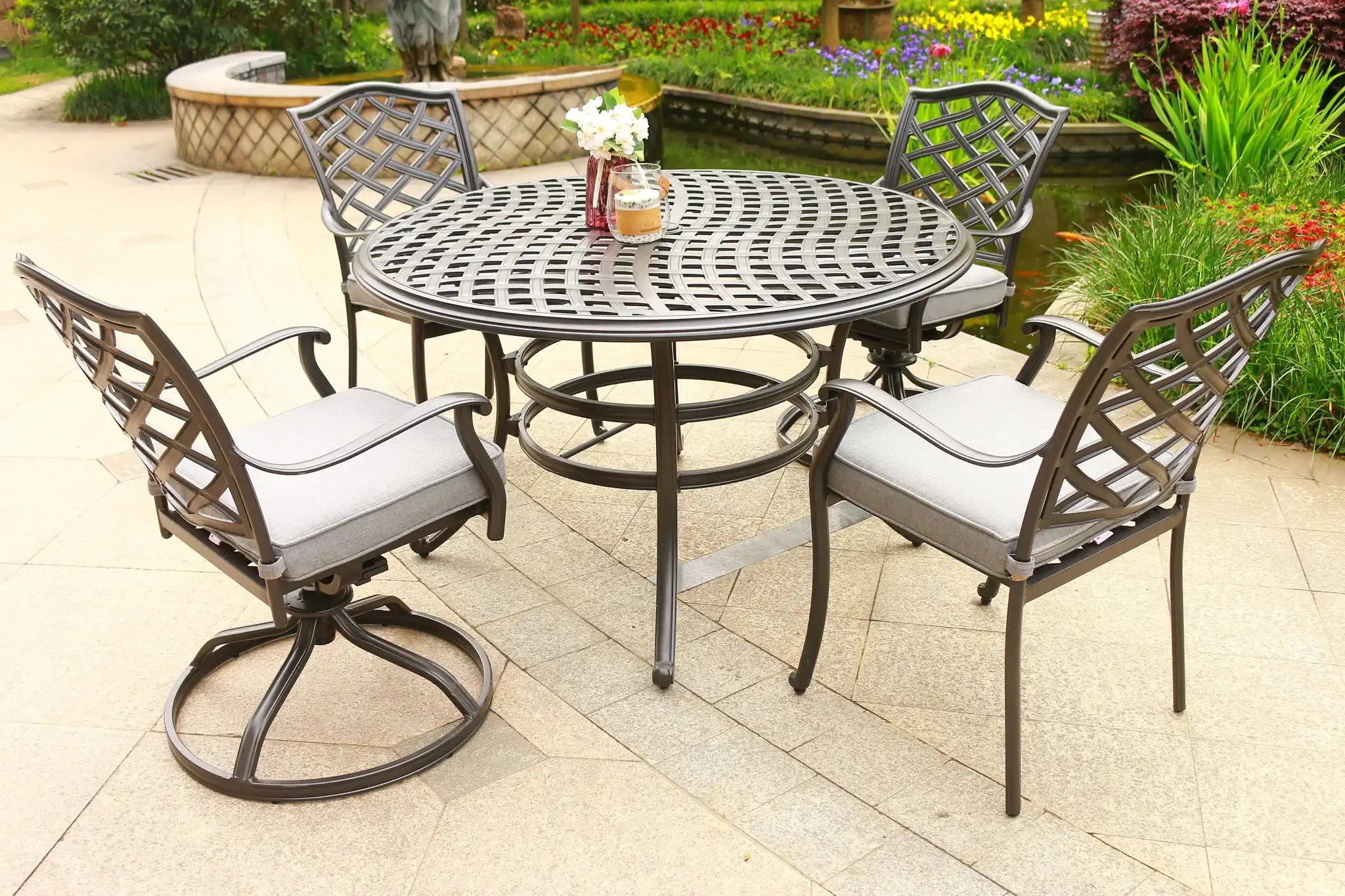 Round 49" Long Aluminum Dining Set With Cushions - Best Buy Furniture