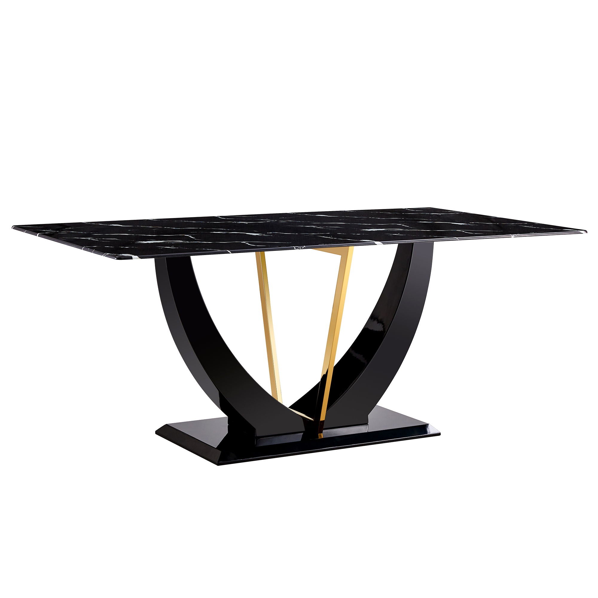 Modern Minimalist Luxurious Imitation Marble Dining Table Rectangular Office Desk With Tempered Glass - Black - Best Buy Furniture