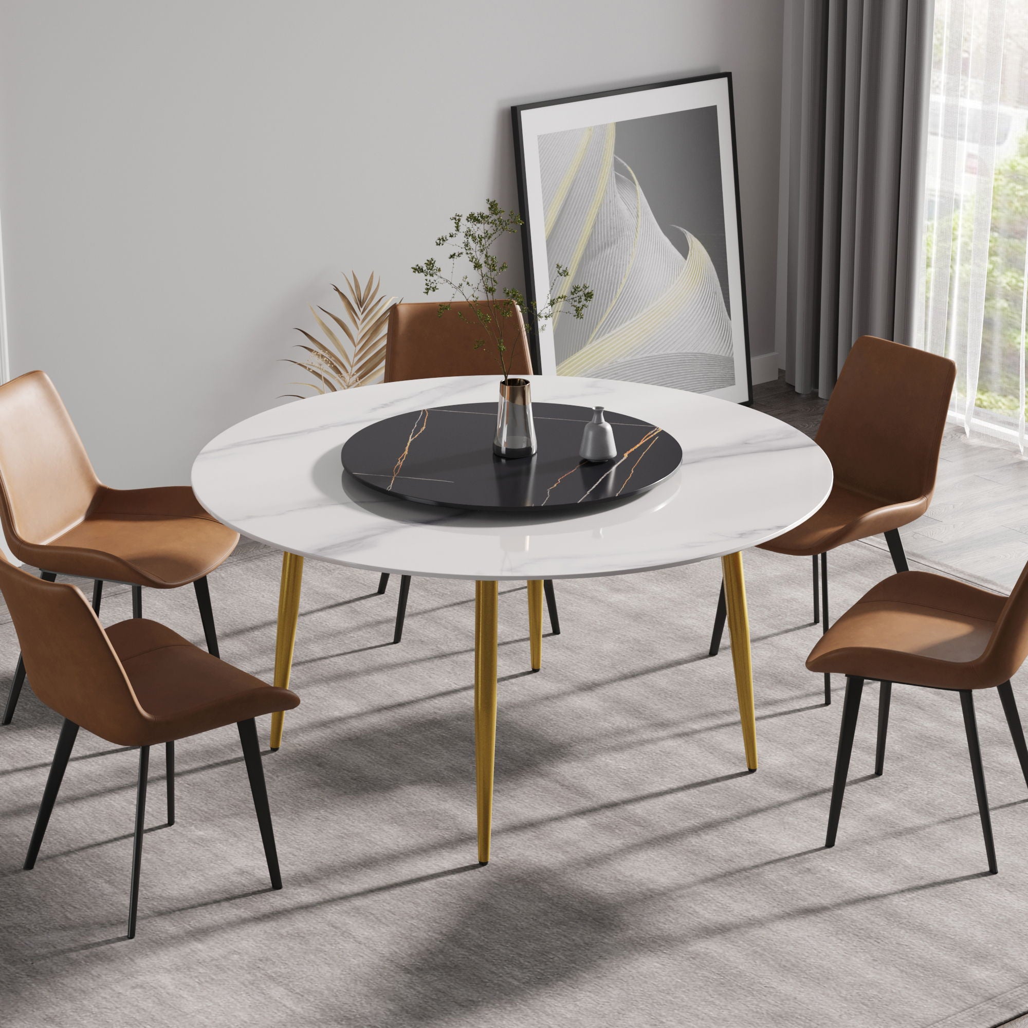 Modern Artificial Stone Round Dining Table, Can Accommodate 6 People Artificial Stone Turntable - Best Buy Furniture