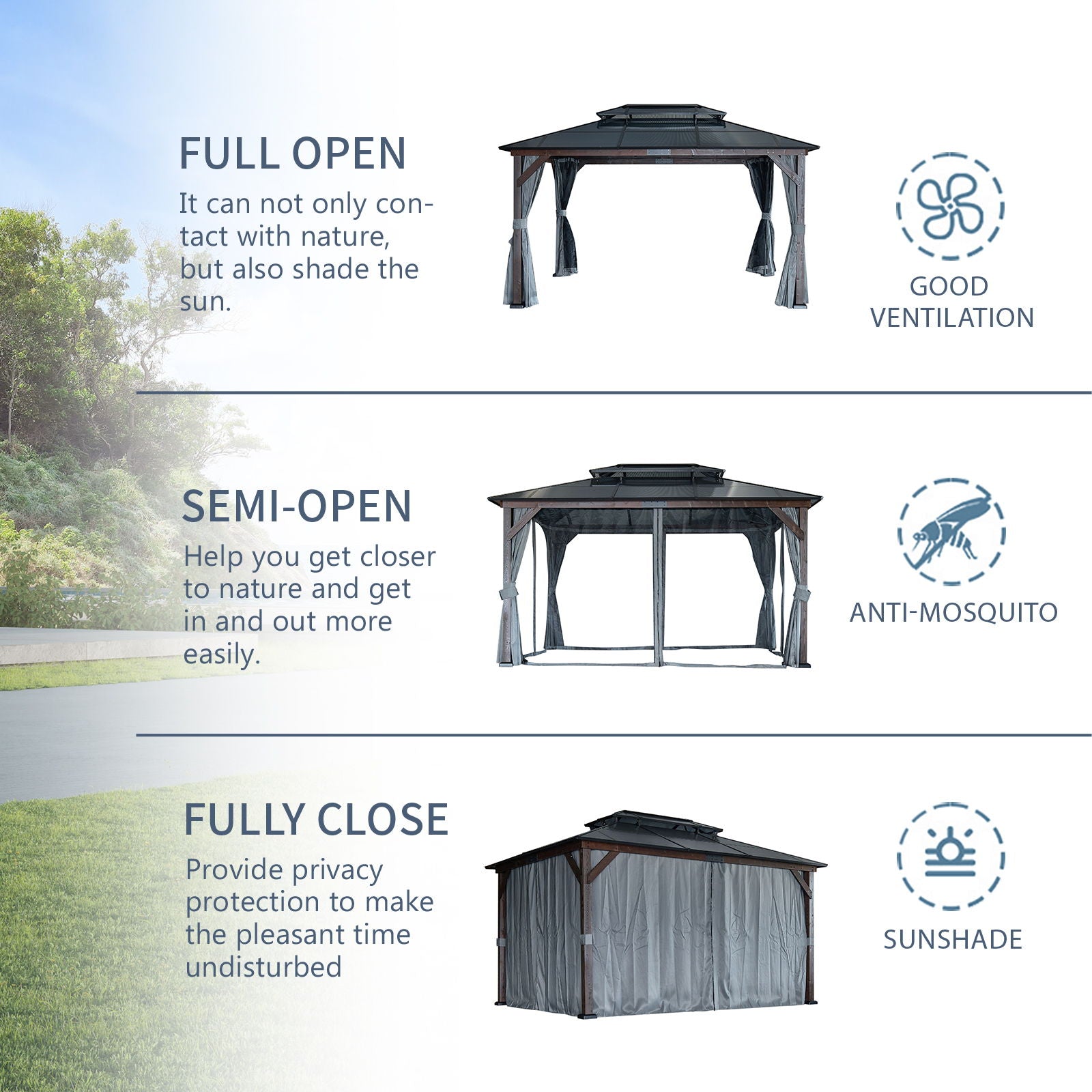 10' x 13' Hardtop Wood Gazebo For Patios, Outdoor Framed Gazebo With Polycarbonate Double Roof Canopy, Solid Wooden Framed Gazebo With Privacy Curtains And Mosquito Nettings For Garden, Backyard - Black - Best Buy Furniture