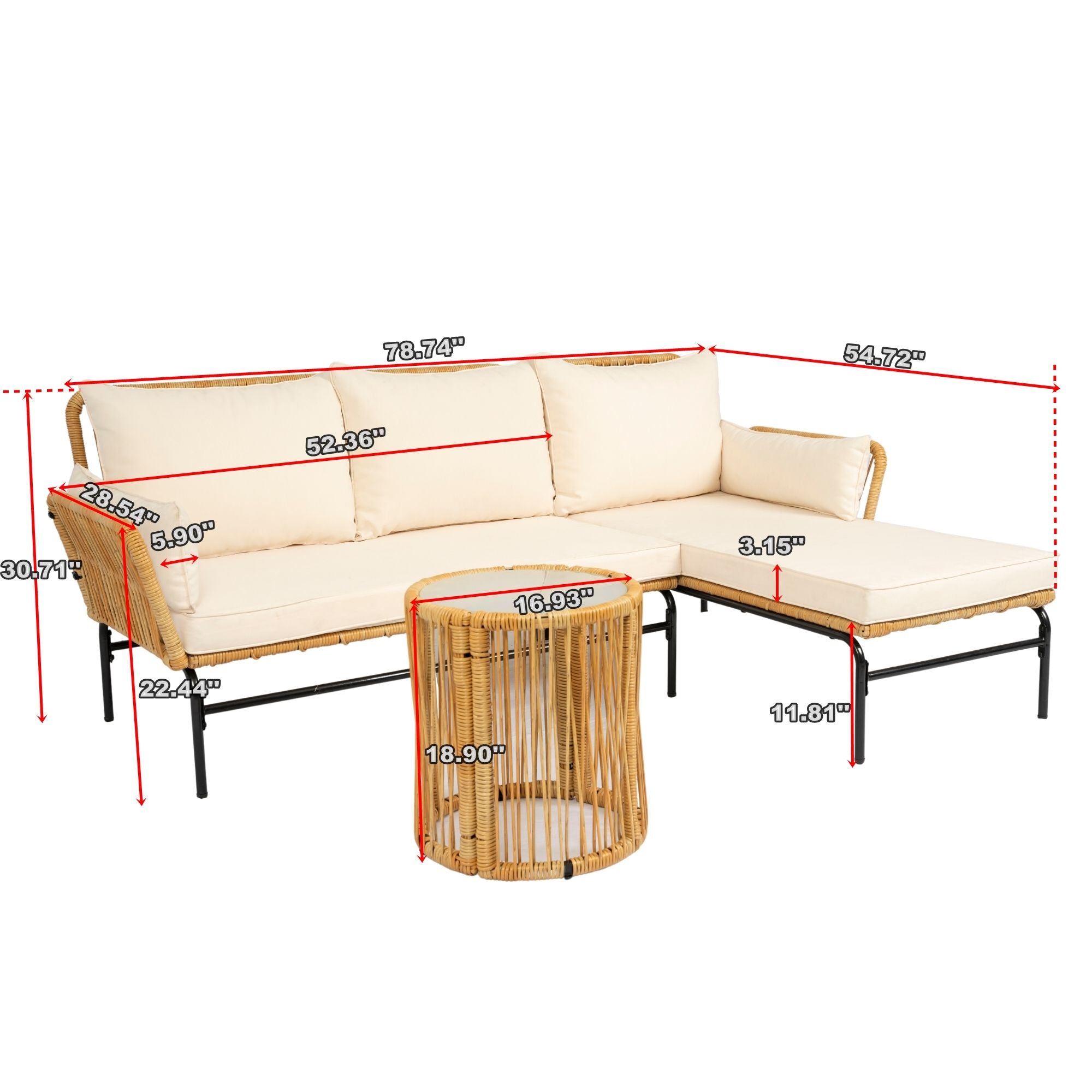 3 Pieces Outdoor Patio Wicker Furniture Sets Table And Chairs With Thick Cushion Outdoor Sofa Set Wicker And Cushion - Natural Yellow / Creme - Best Buy Furniture