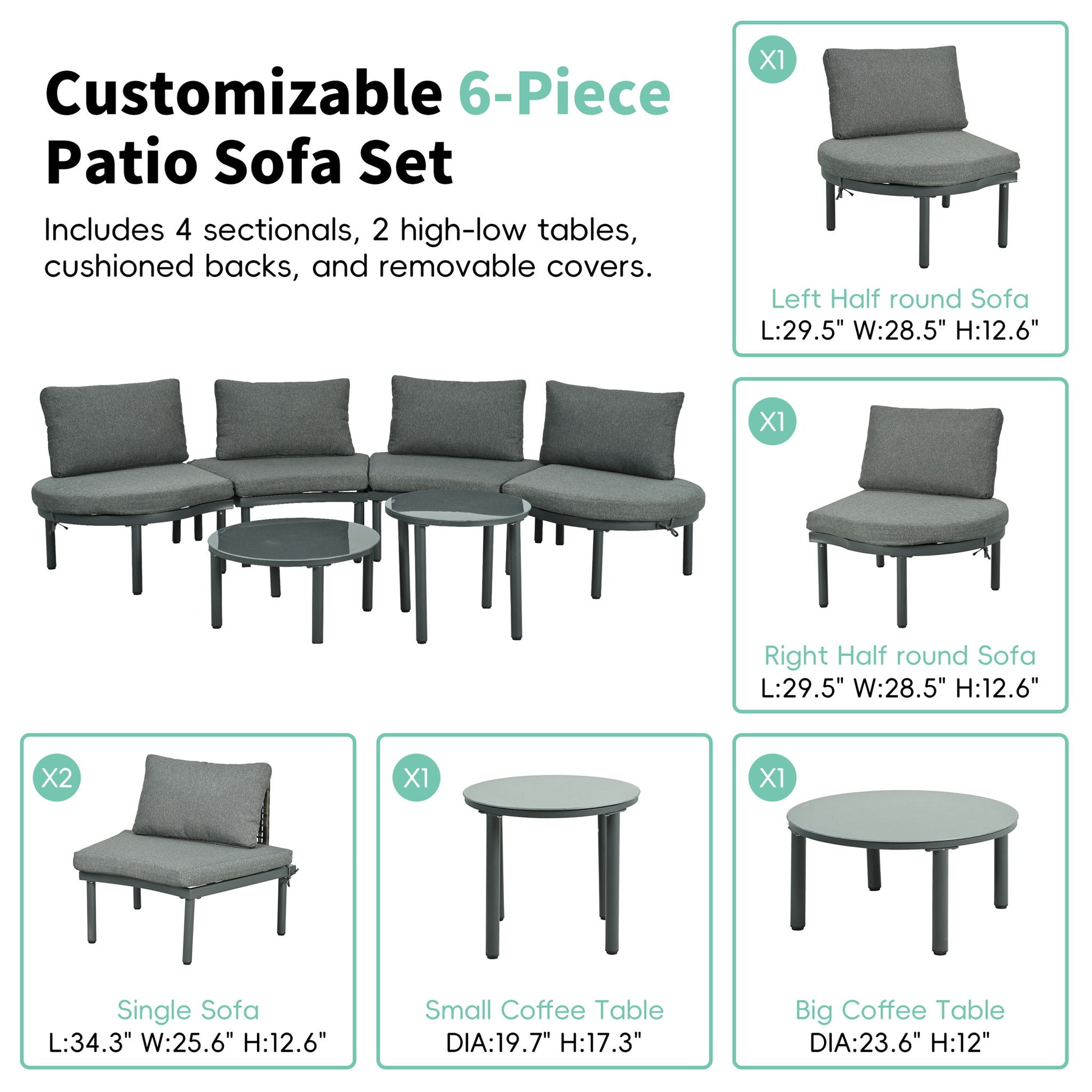 6 Piece Patio Set, Half Moon Outdoor Sectional Sofa With 2 High Low Coffee Tables, 4 Pillows & Cushions - Best Buy Furniture