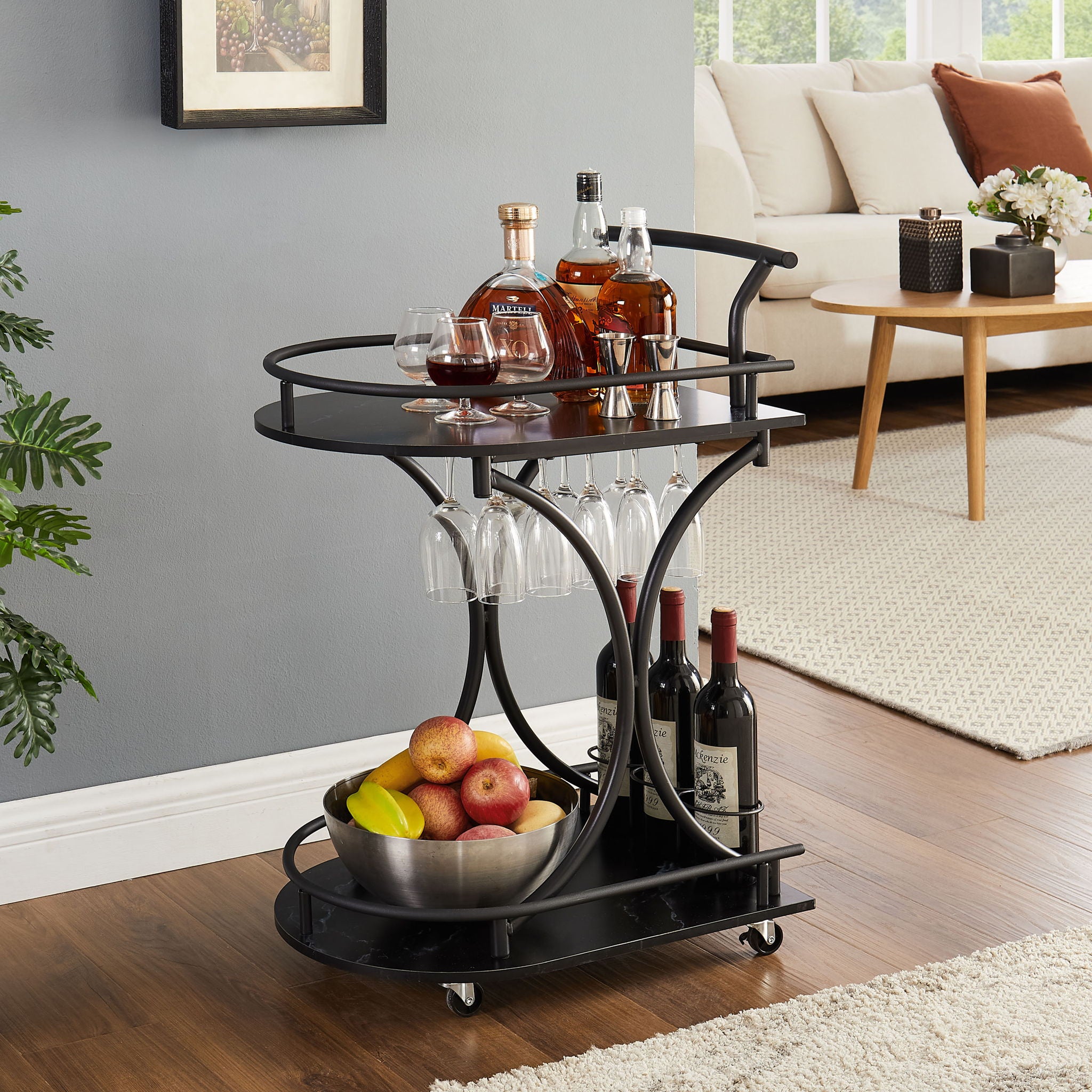 2 Tier Bar Cart, Slide Bar Serving Cart, Retro Style Wine Cart For Kitchen, Beverage Cart With Wine Rack And Glass Holder, Rolling Drink Trolley For Living Room, Dining Room - Black - Best Buy Furniture