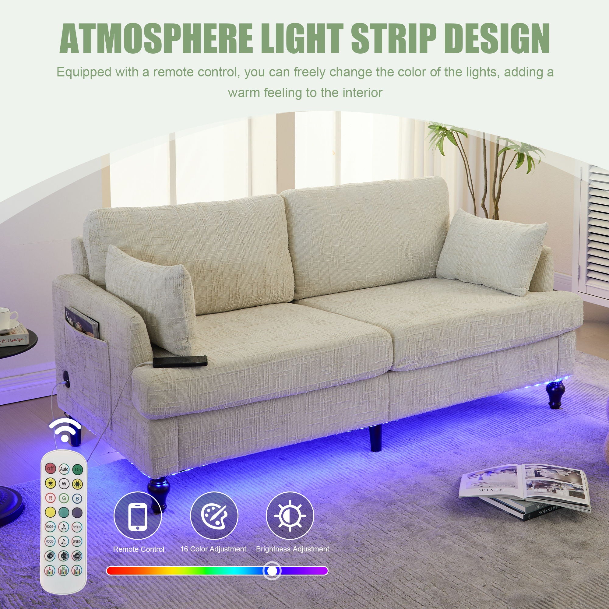 Chenille 2 Seater Sofa With LED Light, USB Charging Port, And Storage Bag - Best Buy Furniture