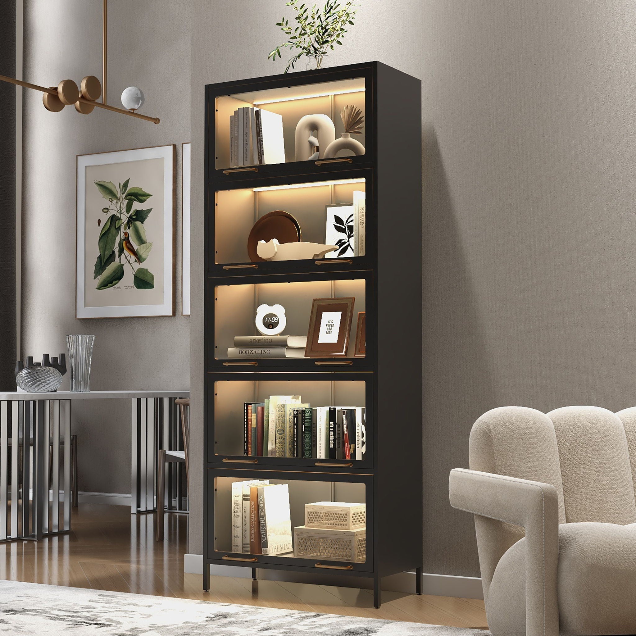 Modern Steel Display Cabinet With Glass Doors And LED Lights, 5 Tier Steel Barrister Bookcase For Home Or Office - Black - Best Buy Furniture