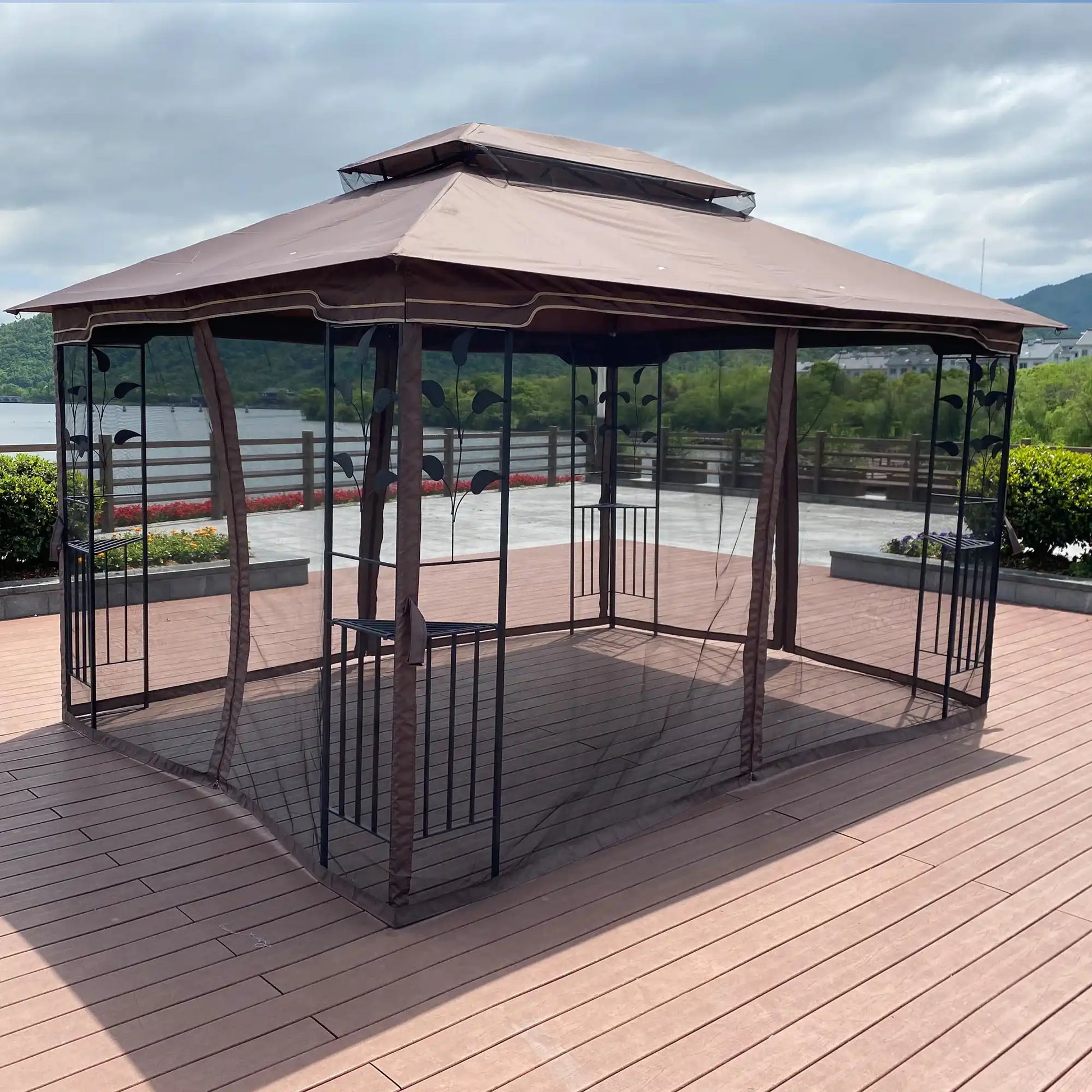 13x10 Outdoor Patio Gazebo Tent, Brown Canopy with Mesh Screens - Best Buy Furniture