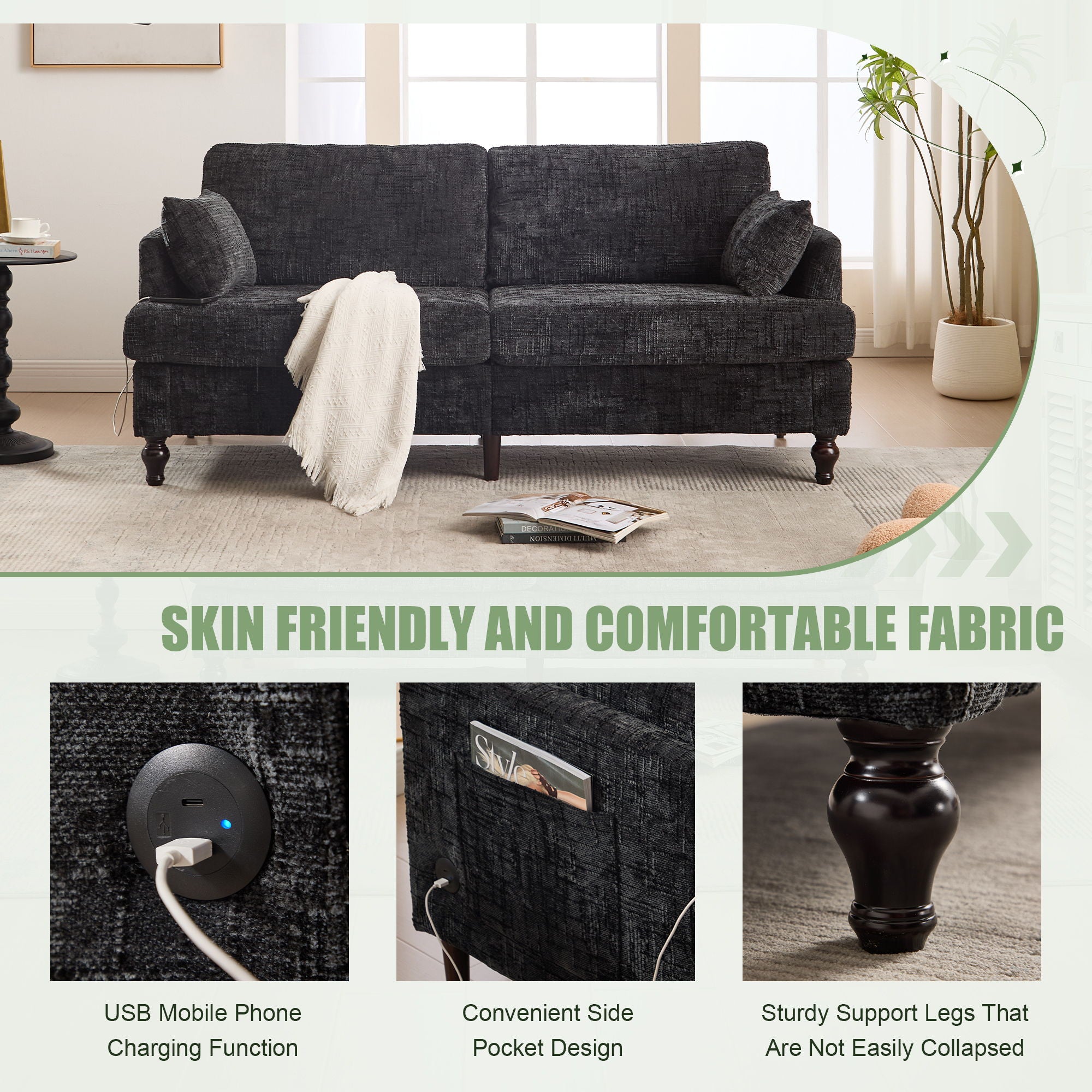 Chenille 2 Seater Sofa With LED Light, USB Charging Port, And Storage Bag - Best Buy Furniture