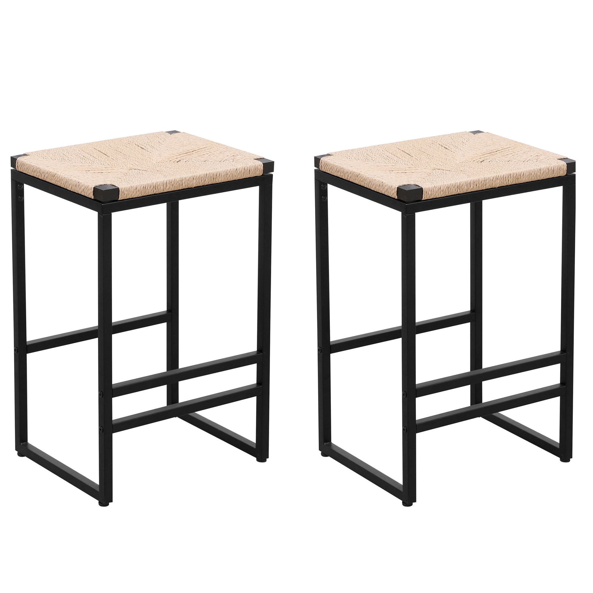 Boho Style Backless Bar Stools (Set of 2) With Paper Rope Woven Seat & Metal Frame For Kitchen Counter - Best Buy Furniture