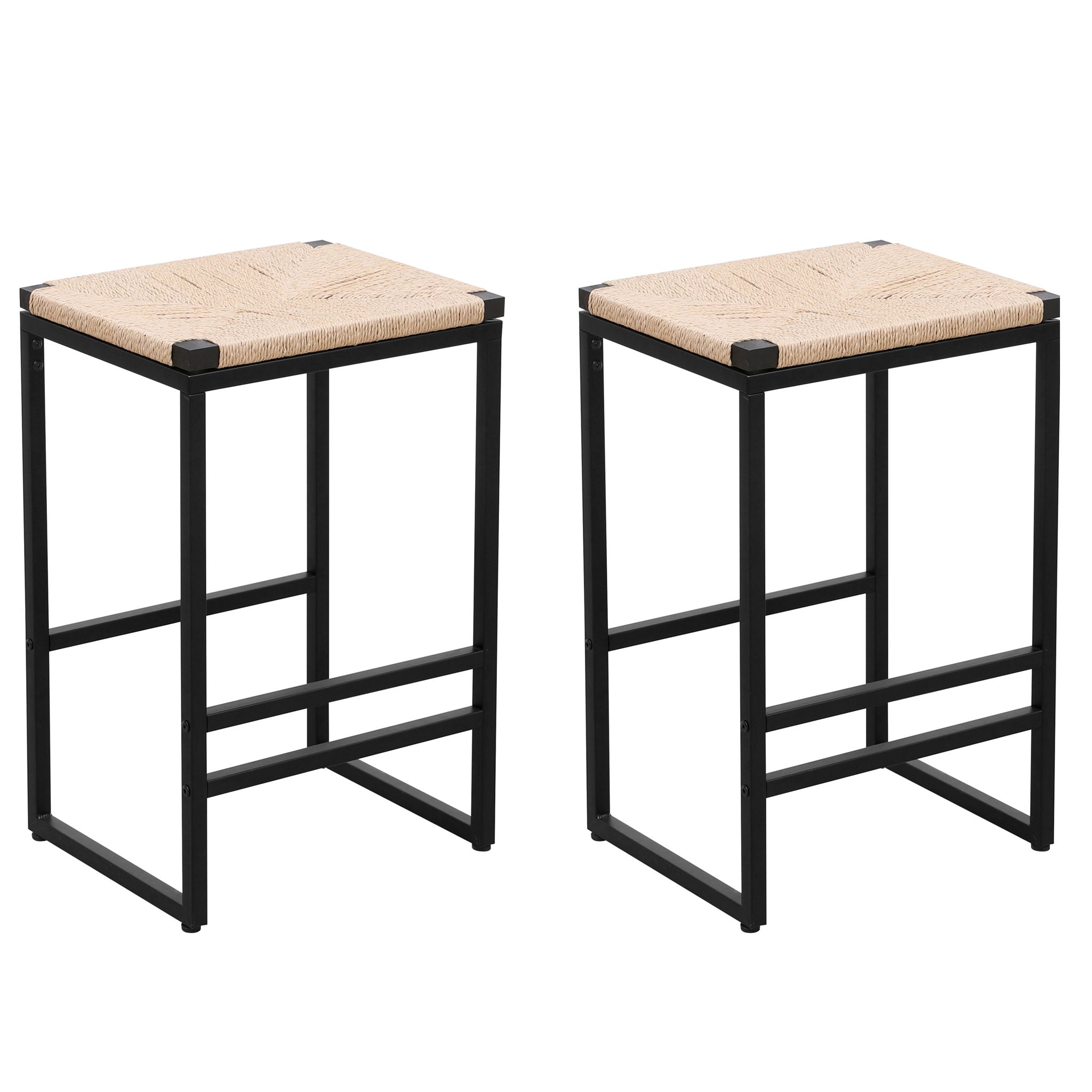 Boho Style Backless Bar Stools (Set of 2) With Paper Rope Woven Seat & Metal Frame For Kitchen Counter - Best Buy Furniture