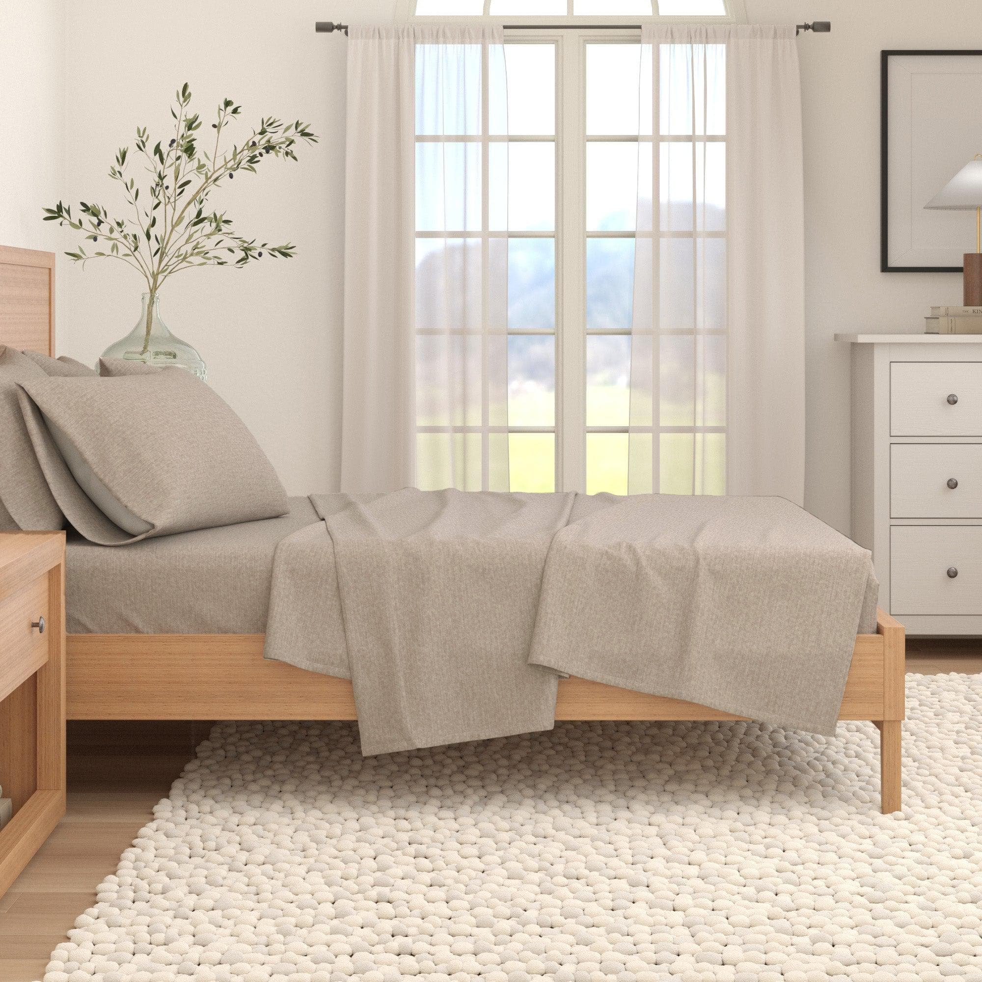 4 Piece Heathered Solid Cotton Blend Flannel Sheet Set - Anders Collection - Best Buy Furniture