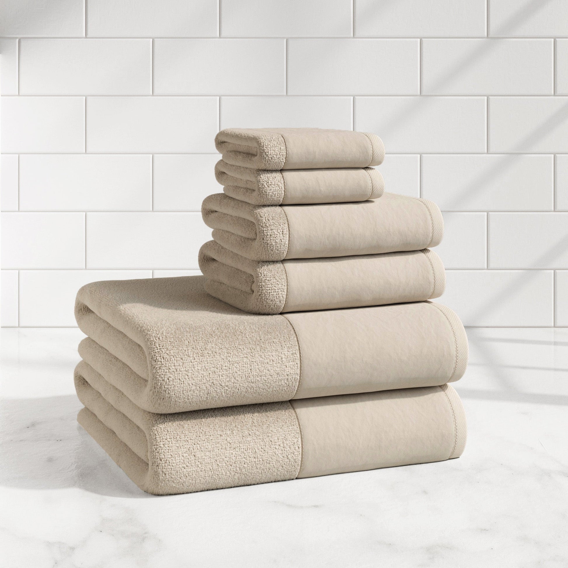 Cotton Linen-Like Border 6-Piece Towel Set - Priya Collection - Best Buy Furniture