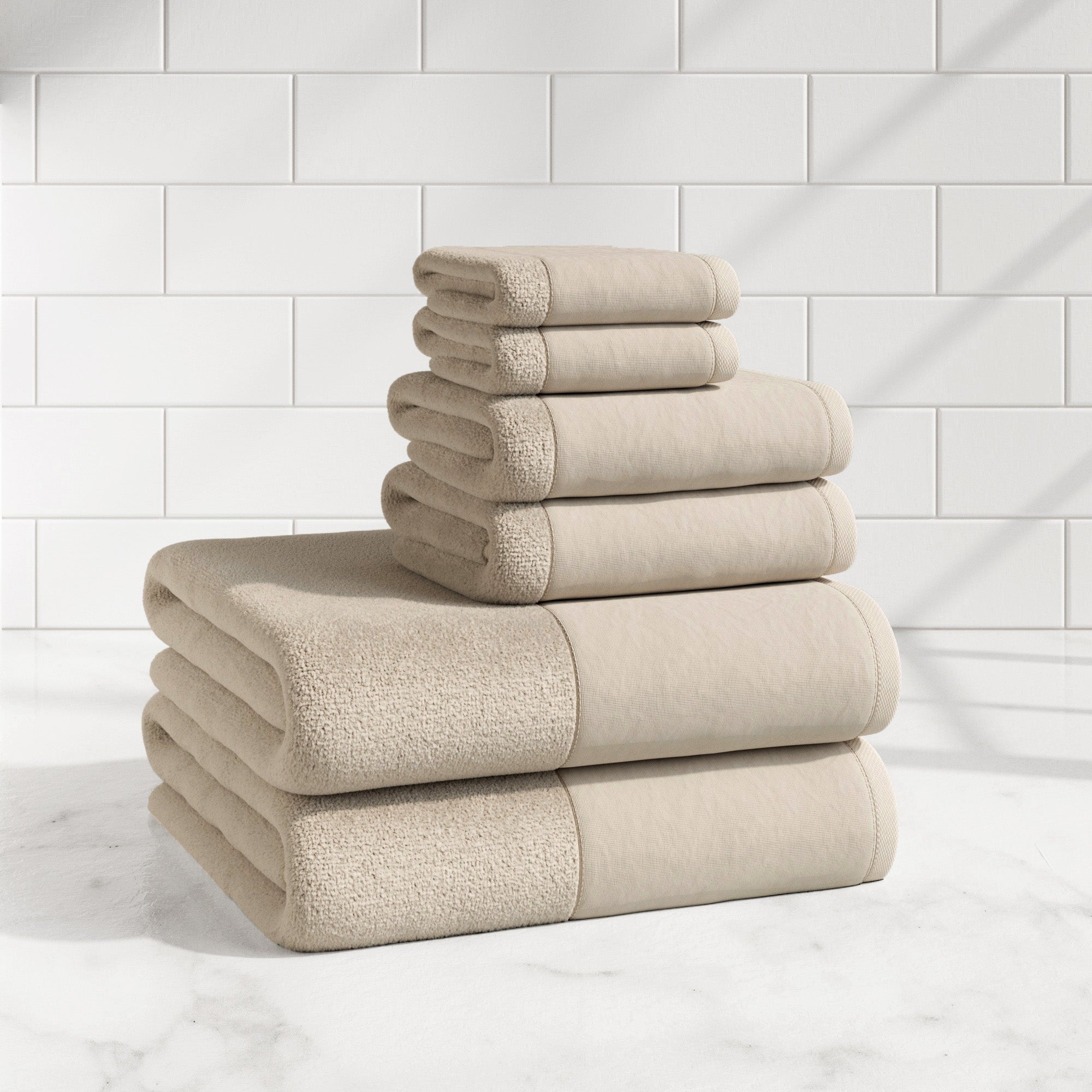 Cotton Linen-Like Border 6-Piece Towel Set - Priya Collection - Best Buy Furniture