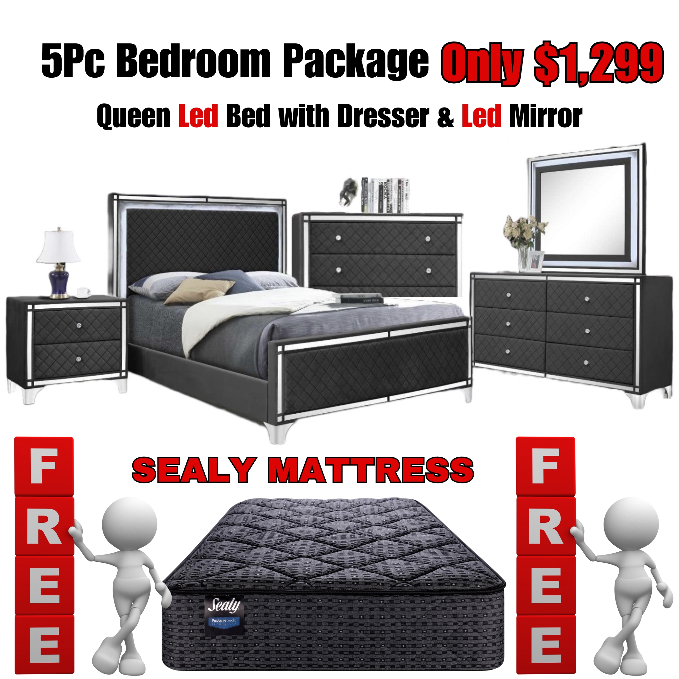 Aria 5pc queen package with Free Sealy Mattress