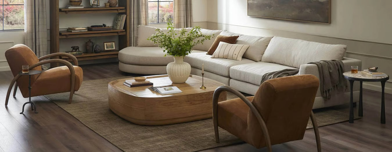 L shape modern sectional with a stone coffee table