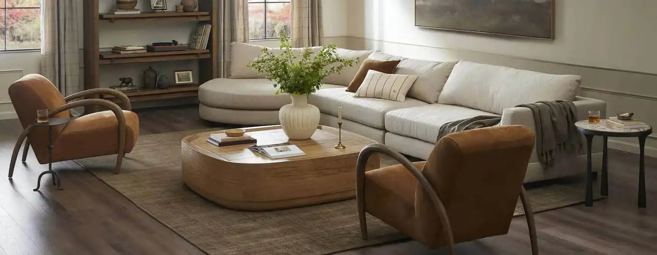L shape modern sectional with a stone coffee table