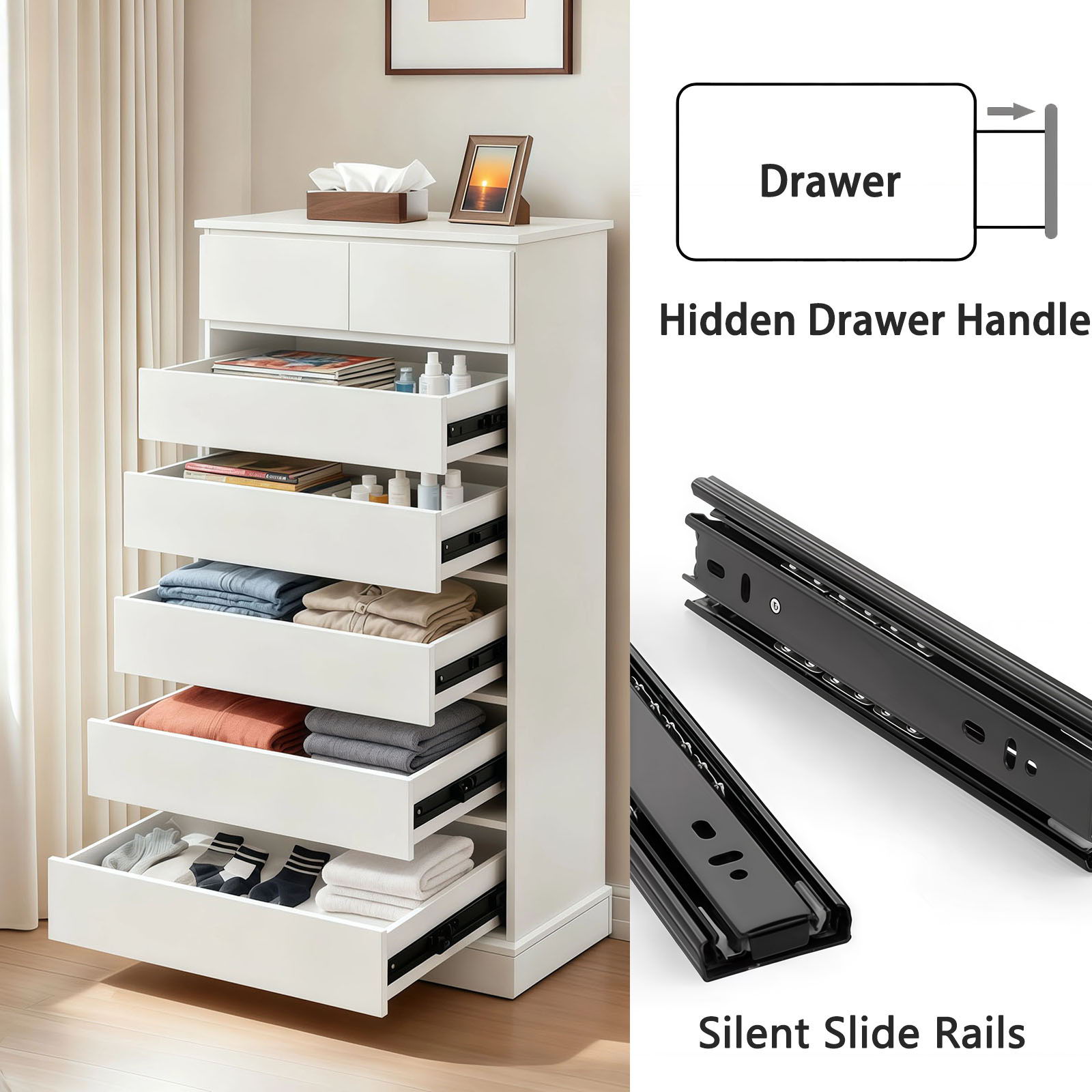 6 Drawer Tall Dresser With Concealed Handles, Vertical Storage Cabinet For Bedroom - White