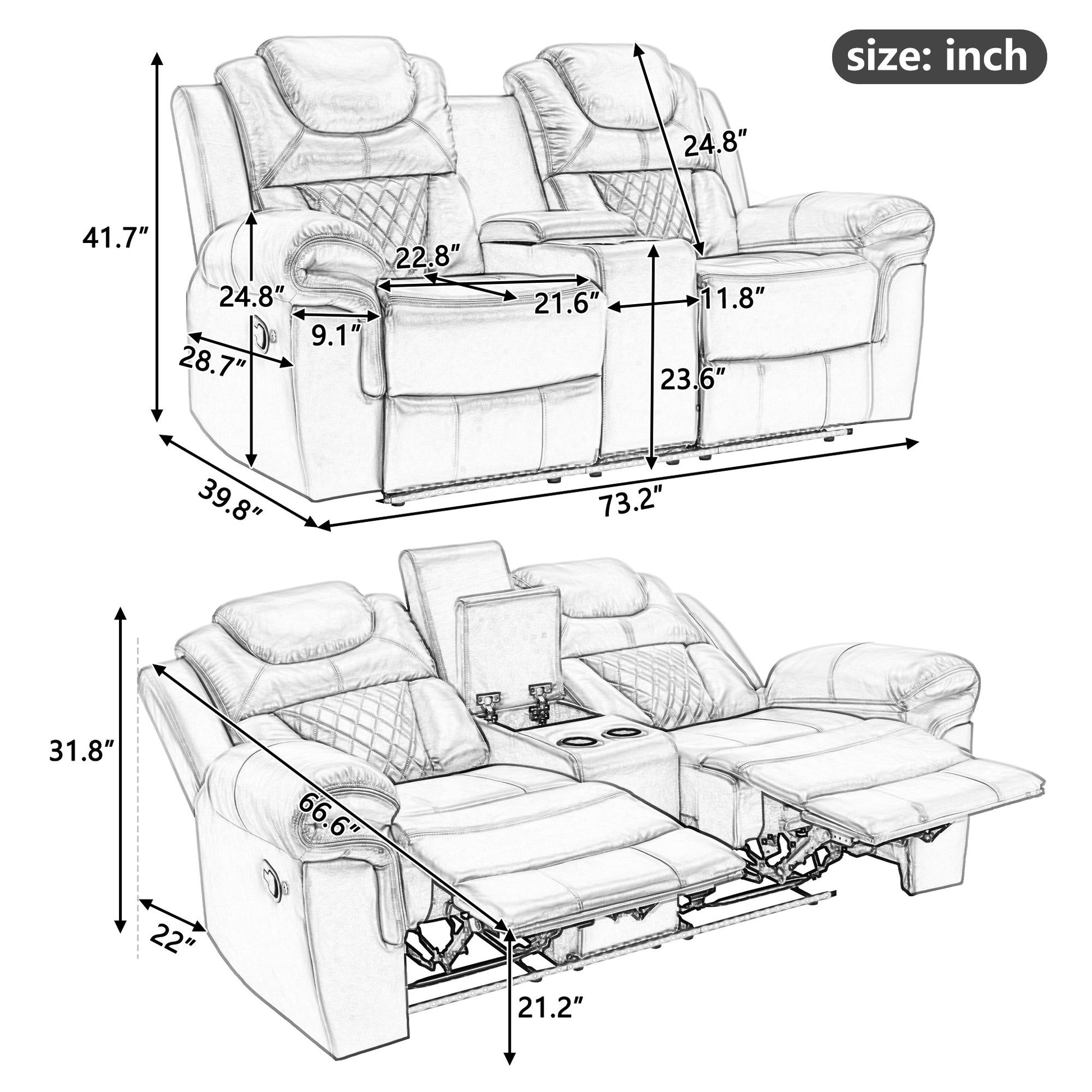 3 Pieces Recliner Sofa Sets Home Theater Seating Manual Recliner Chair With Center Console And LED Light Strip For Living Room - Best Buy Furniture
