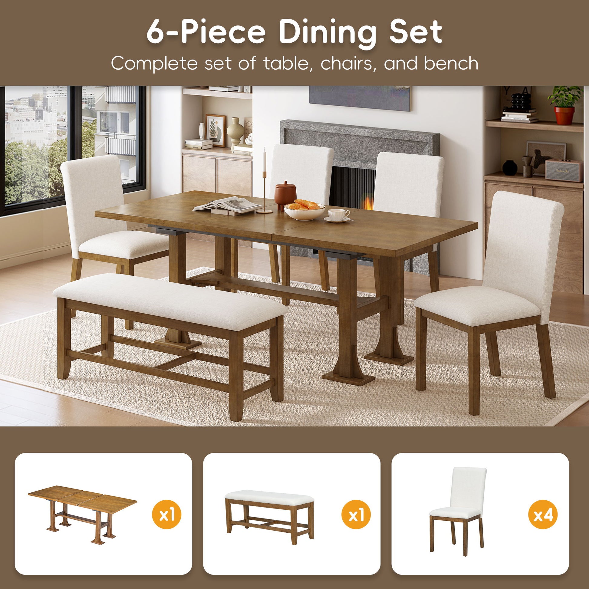 Topmax - 6 Piece Farmhouse Extendable Dining Table Set Trestle Kitchen Table Set With Removable Leaf And Upholstered Dining Chair And Bench For Dining Room - Best Buy Furniture