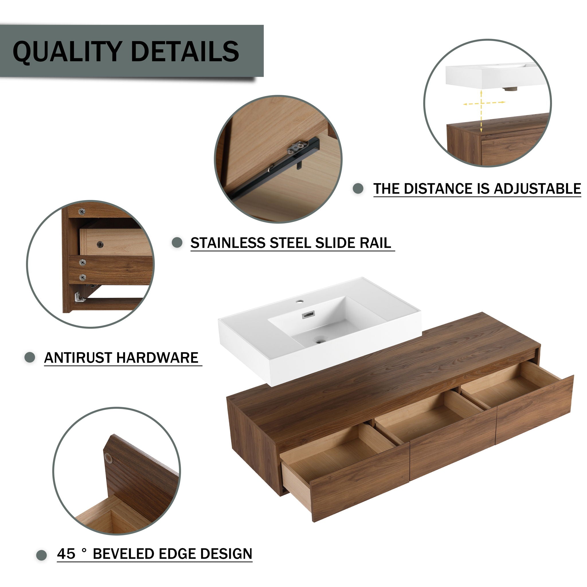 Modern Wall Mounted Bathroom Vanity With Resin Sink And Side Cabinet - Brown Ebony