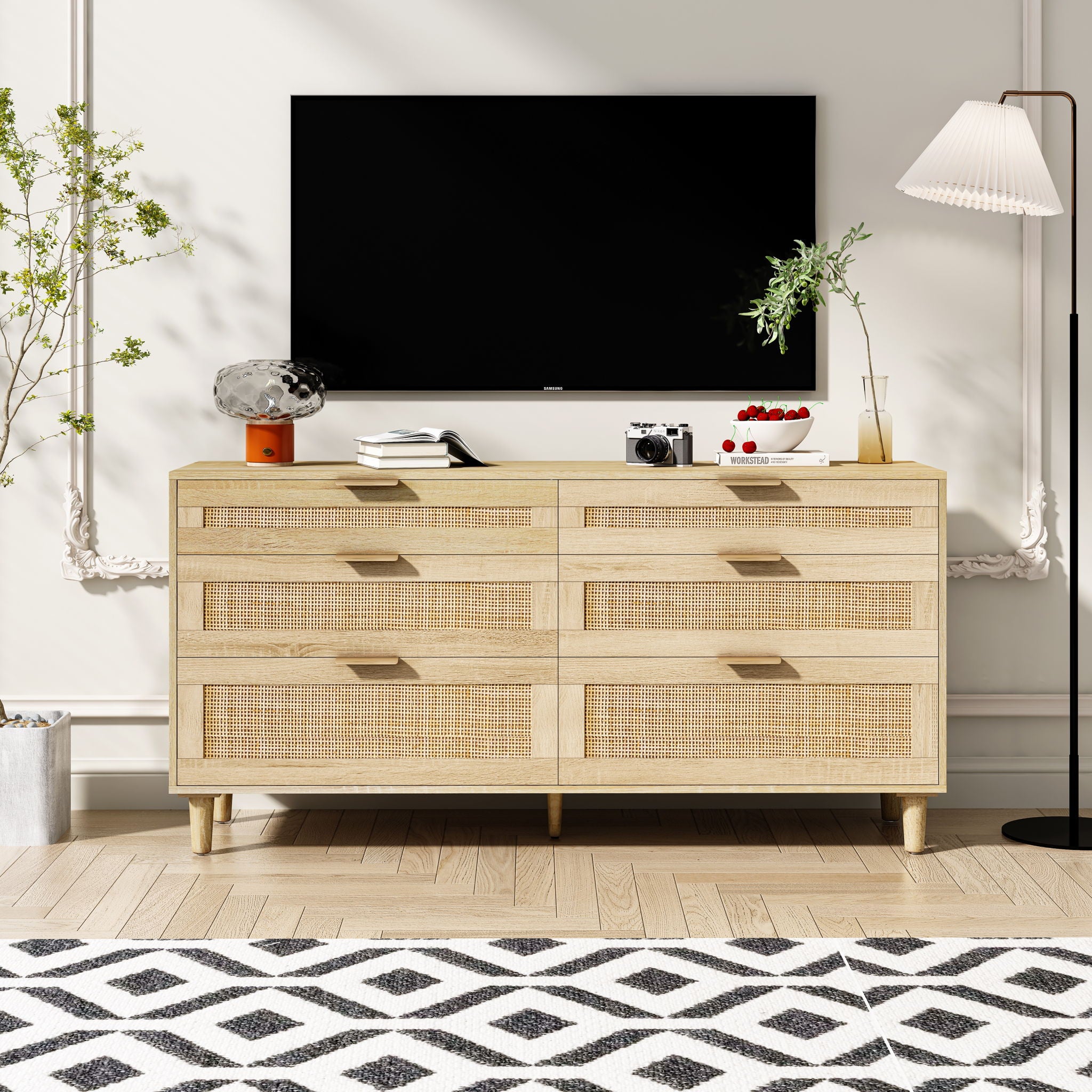 Rattan Dresser With 6 Drawers, Legs & Handles, Storage Cabinet - Natural