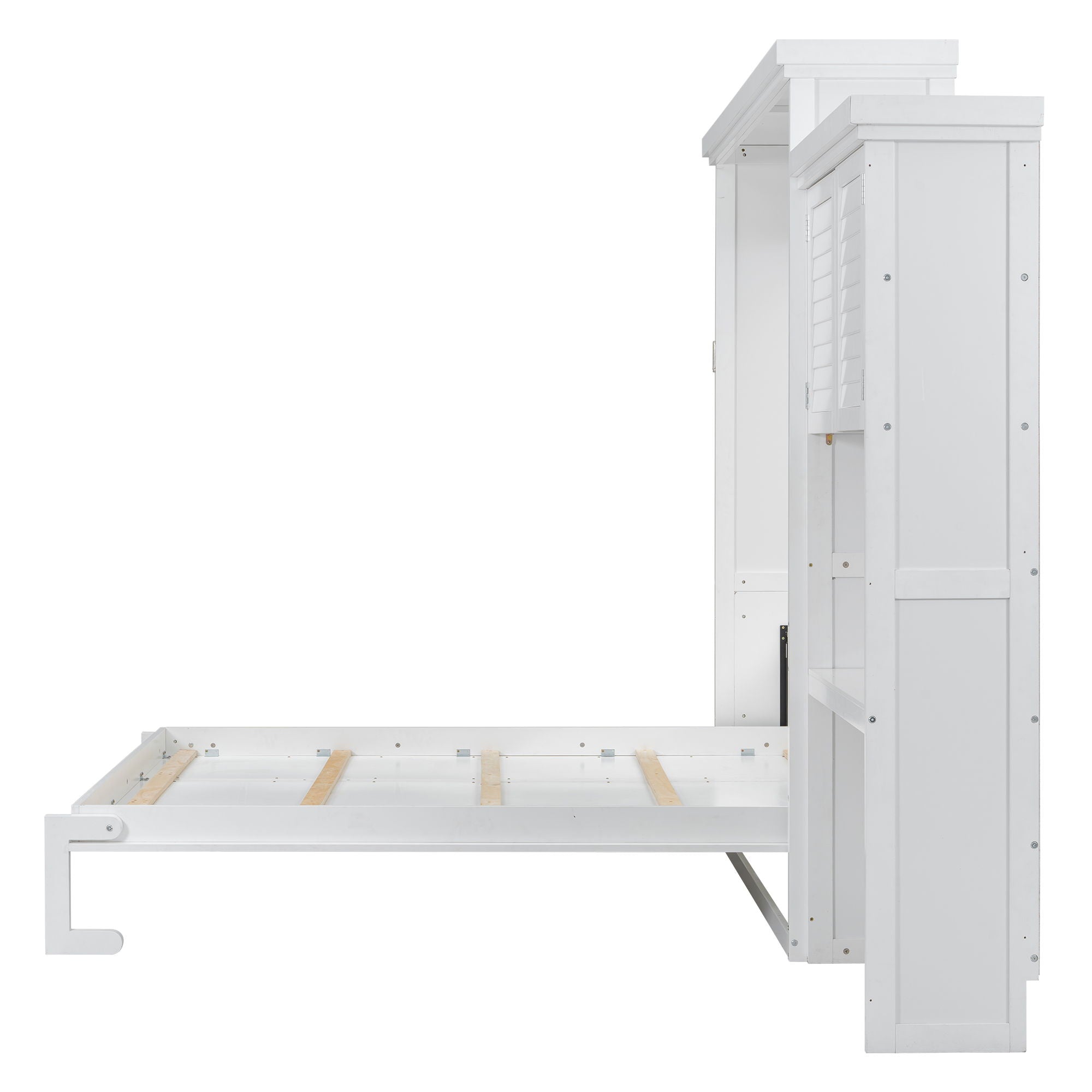 Queen Size Murphy Bed With Louvered Design And Multiple Storage Shelves - White