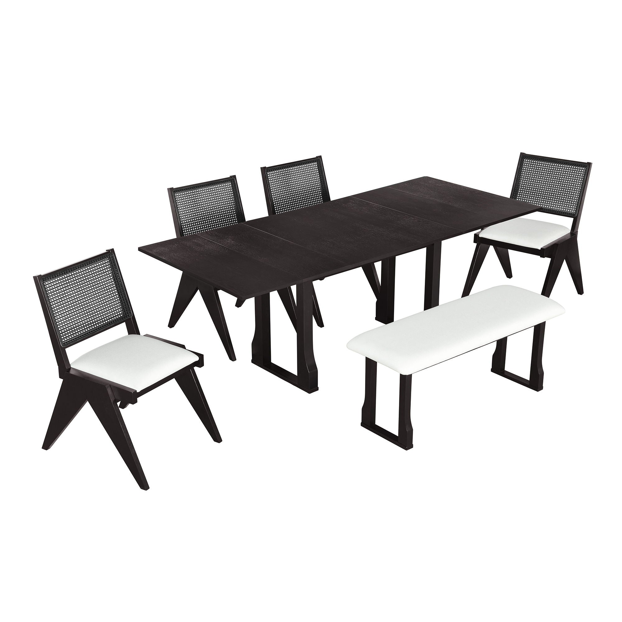 6 Piece Extendable Dining Table Set With 4 Wicker Back Upholstered Dining Chairs And Long Bench, 2 Removable Leaf