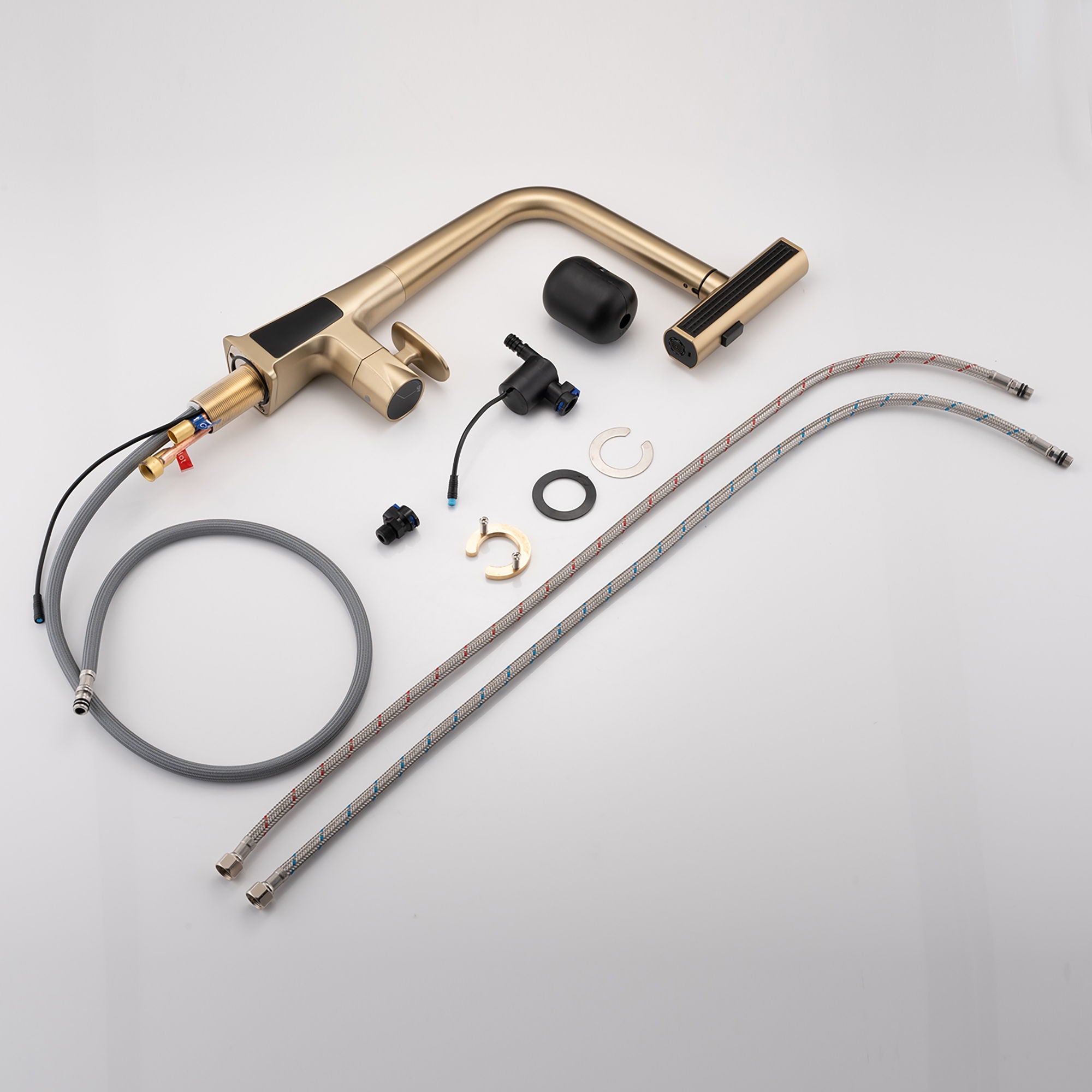 Waterfall Kitchen Faucet With Temperature Display And Pull Down Sprayer - Brushed Gold